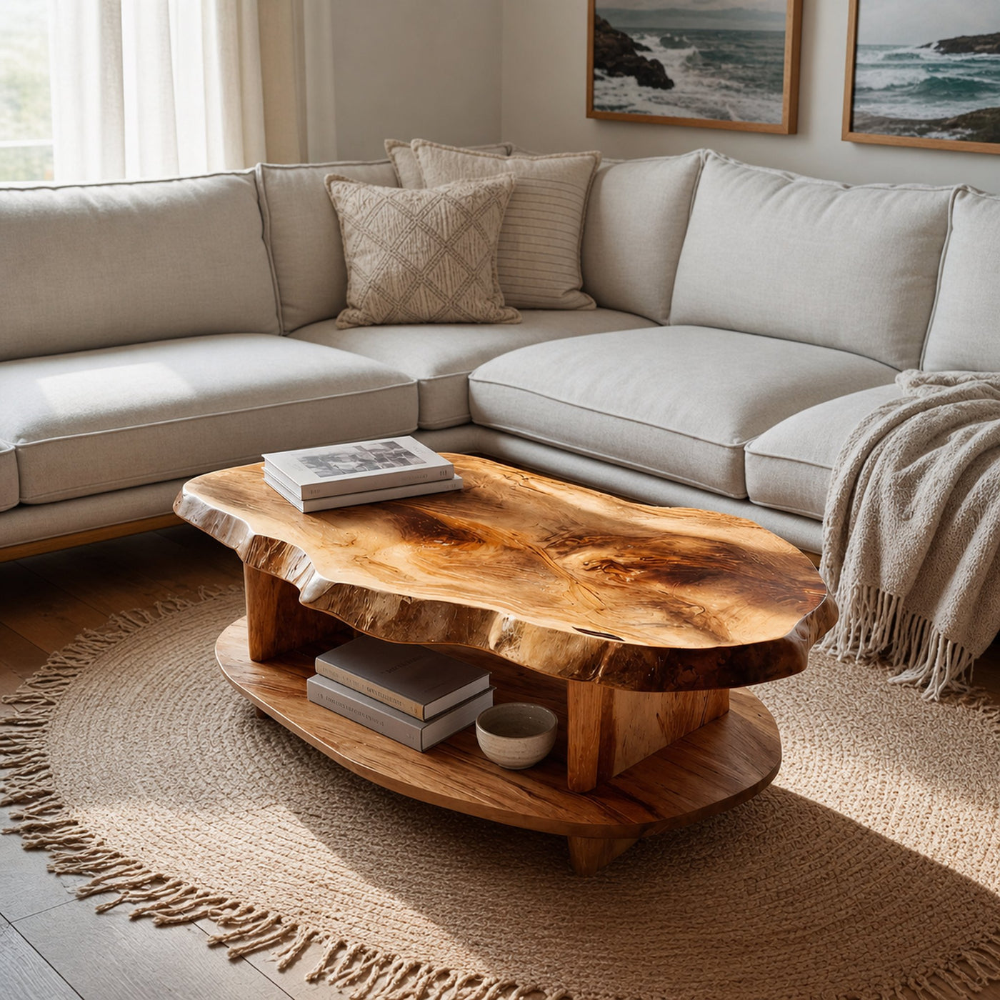 Rustic Coffee Table Live Edge And Shelf For Living - product view 6