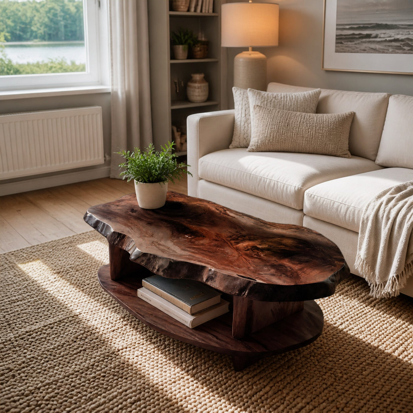 Rustic Coffee Table Live Edge And Shelf For Living - product view 7