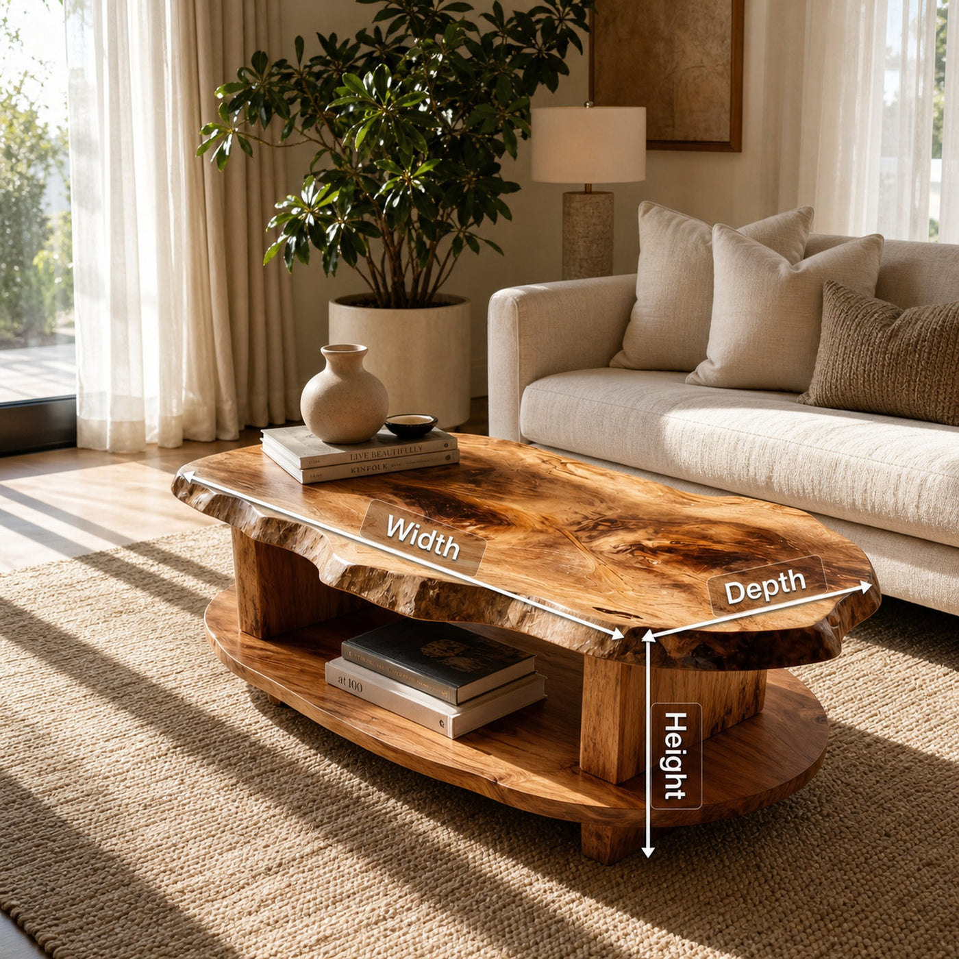 Rustic Coffee Table Live Edge And Shelf For Living - product view 8