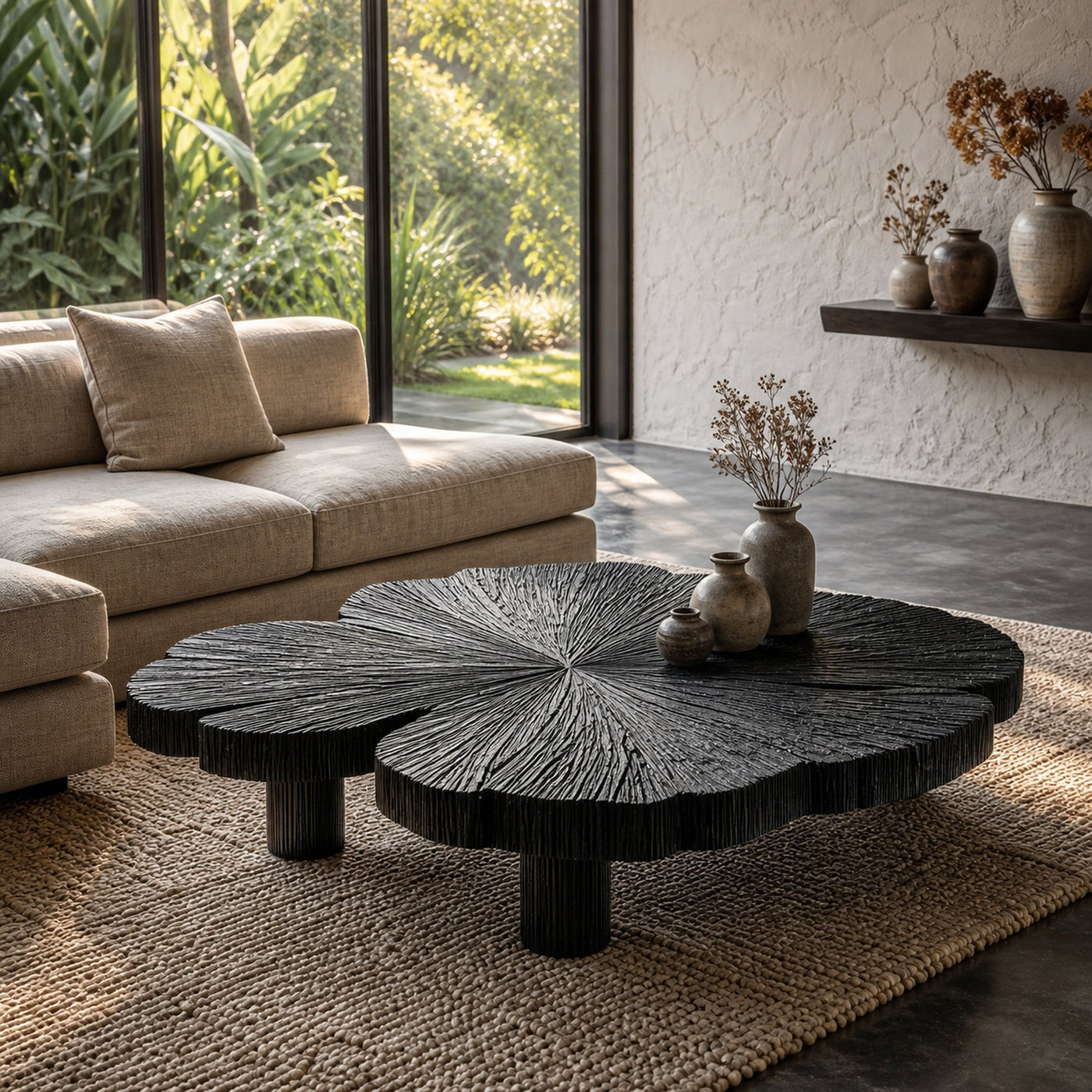 Rustic Coffee Table With Hand Carved Organic Wood Top And Chunky Pedestal Legs For Living Room