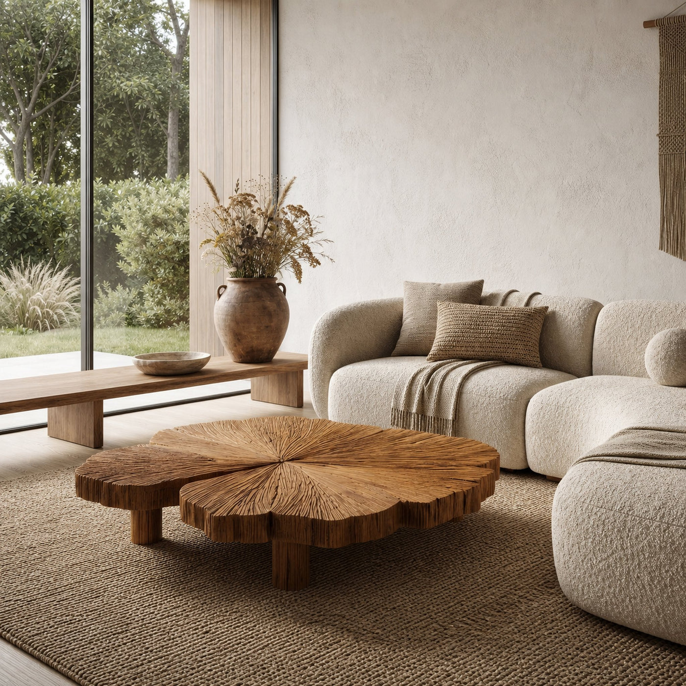 Rustic Coffee Table With Hand Carved Organic Wood Top And Chunky Pedestal Legs For Living Room - product view 6