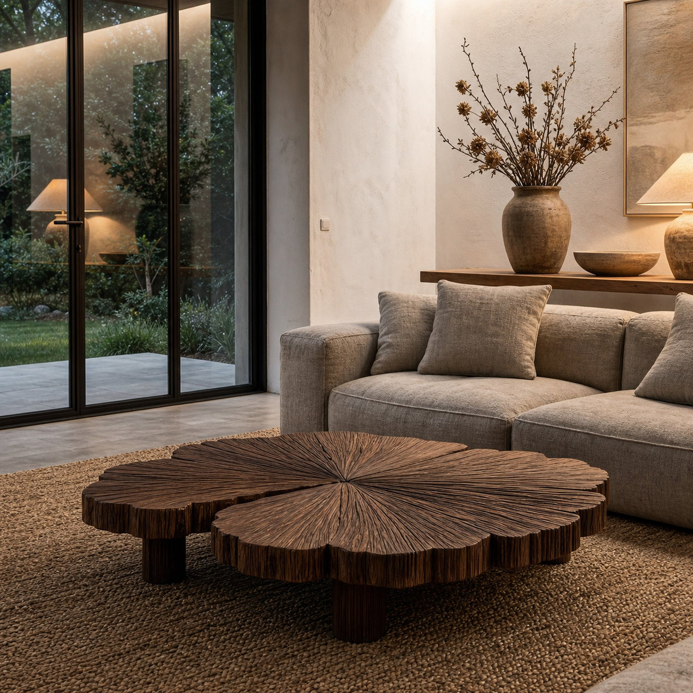Rustic Coffee Table With Hand Carved Organic Wood Top And Chunky Pedestal Legs For Living Room - product view 7