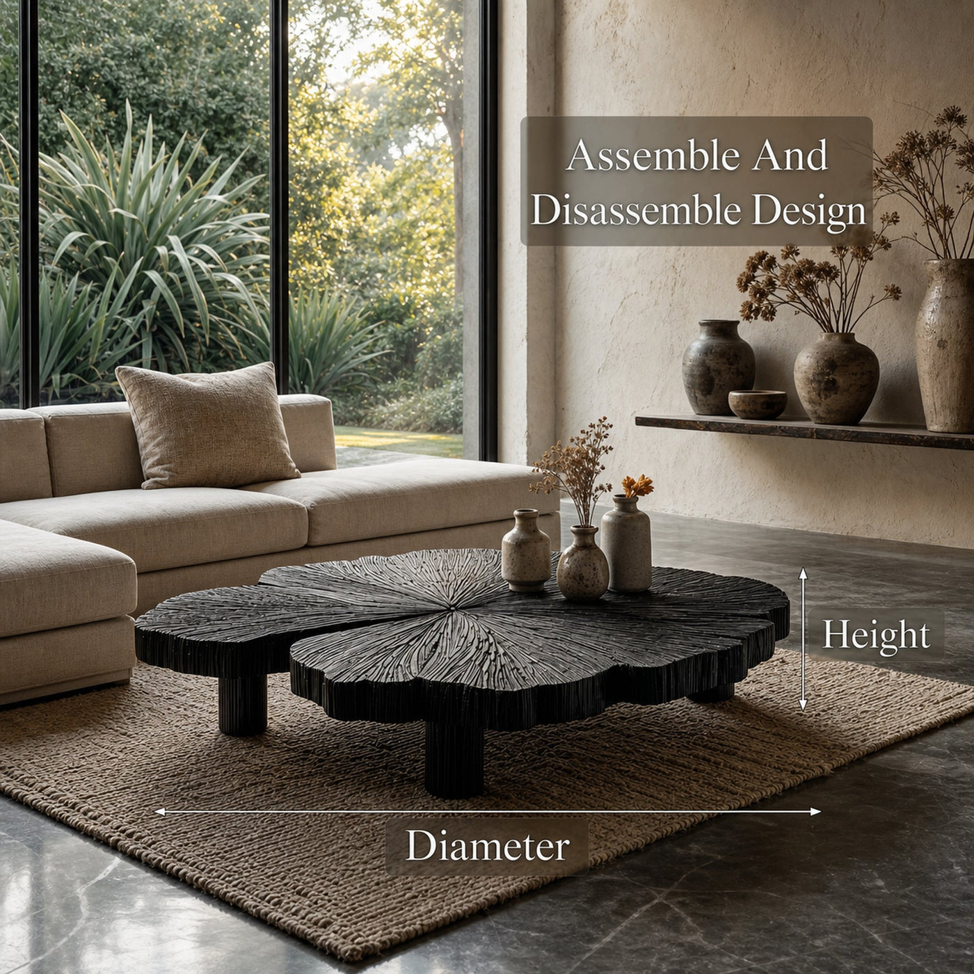 Rustic Coffee Table With Hand Carved Organic Wood Top And Chunky Pedestal Legs For Living Room - product view 8