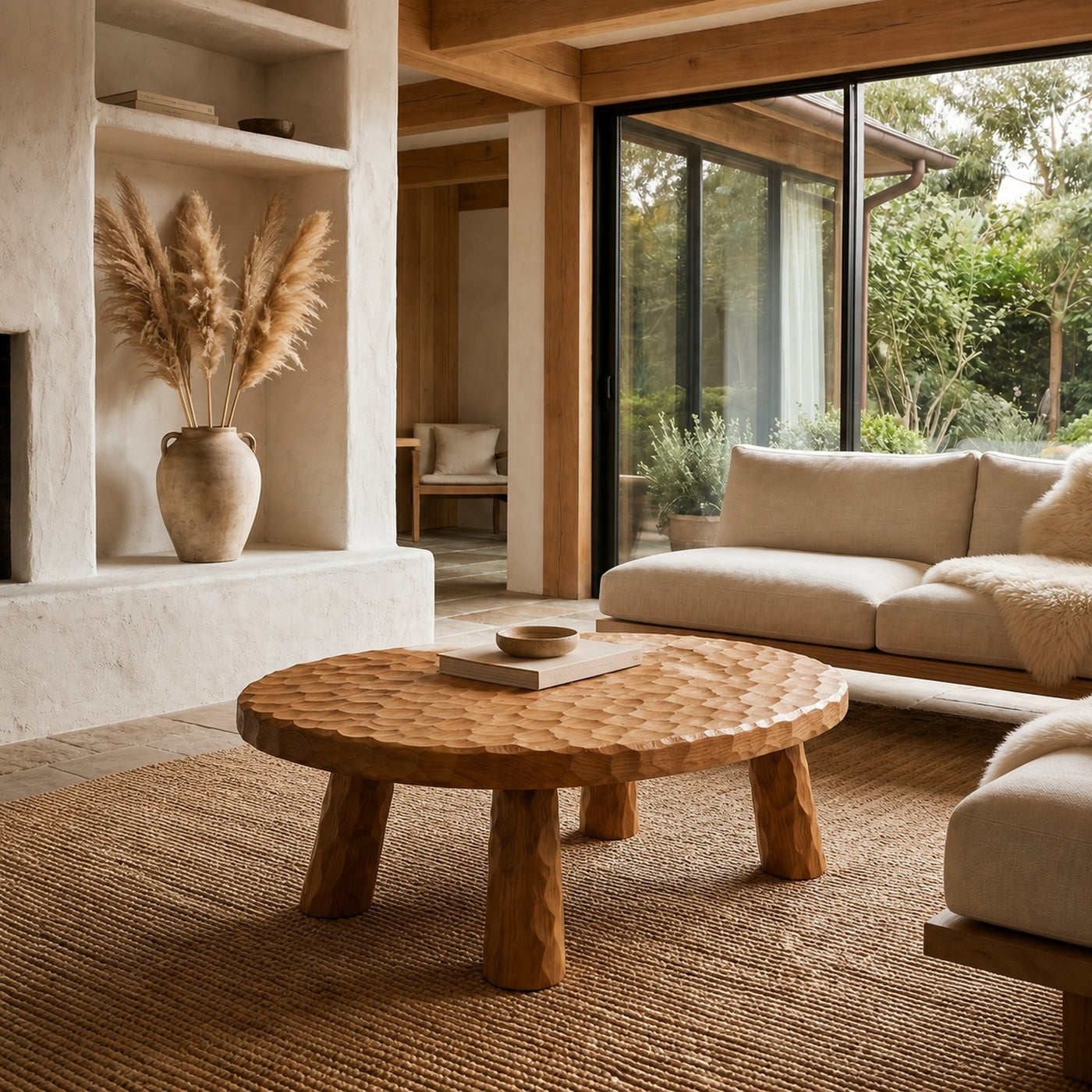 Rustic Coffee Table With Handcrafted Solid Wood Top And Chunky Pedestal Legs For Living Room - product view 6