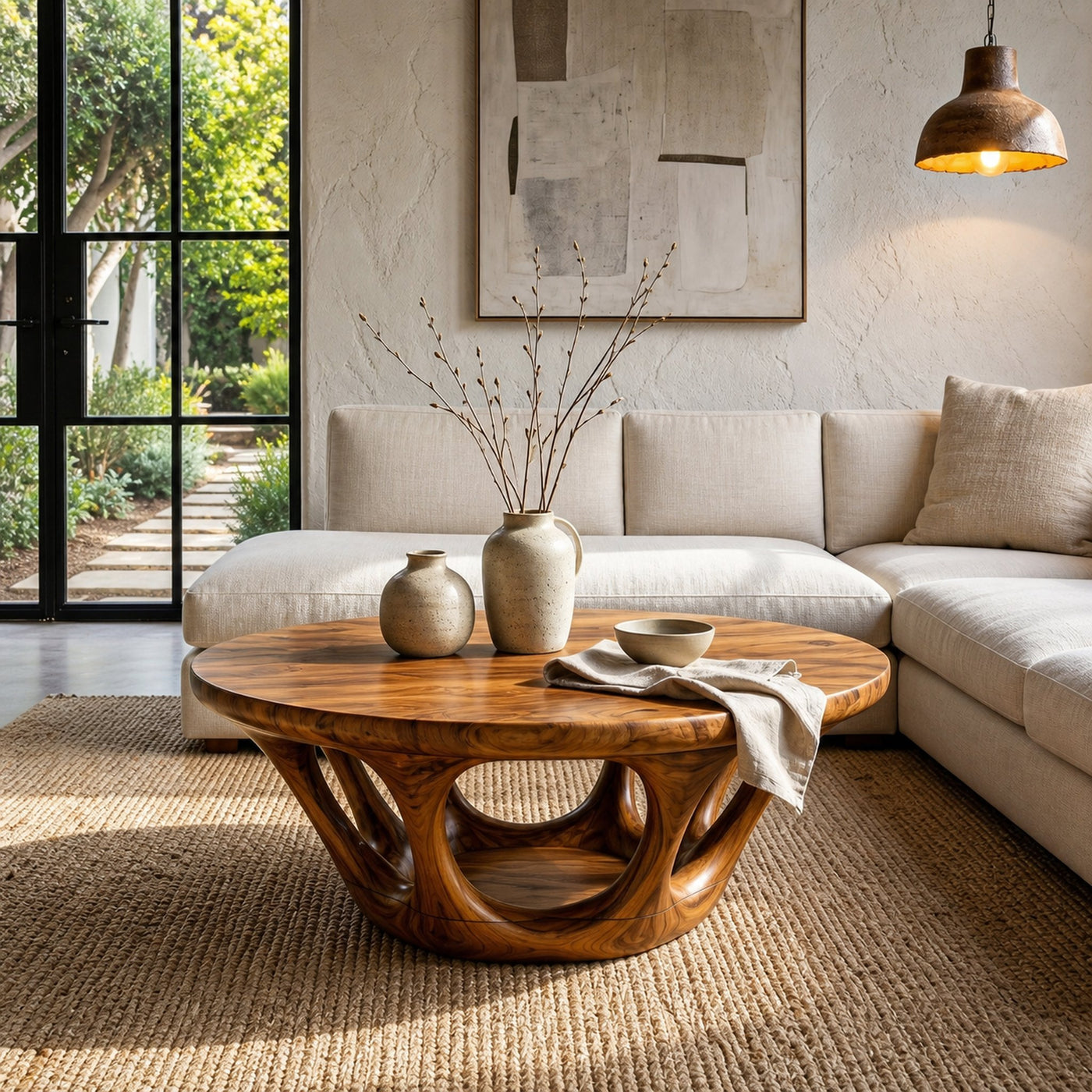 Rustic Coffee Table With Sculptural Interlocking Wood Base For Living Room