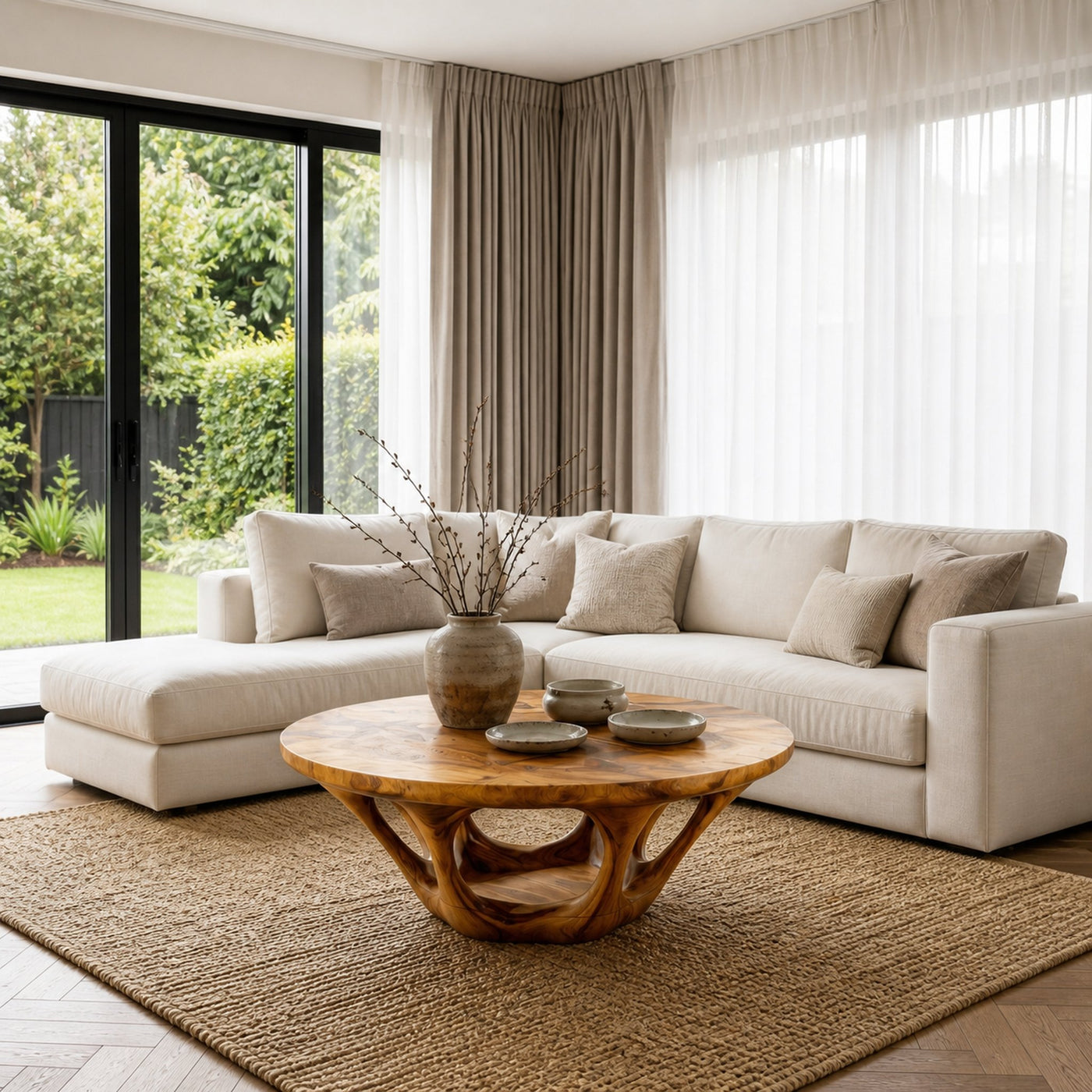 Rustic Coffee Table With Sculptural Interlocking Wood Base For Living Room - product view 6
