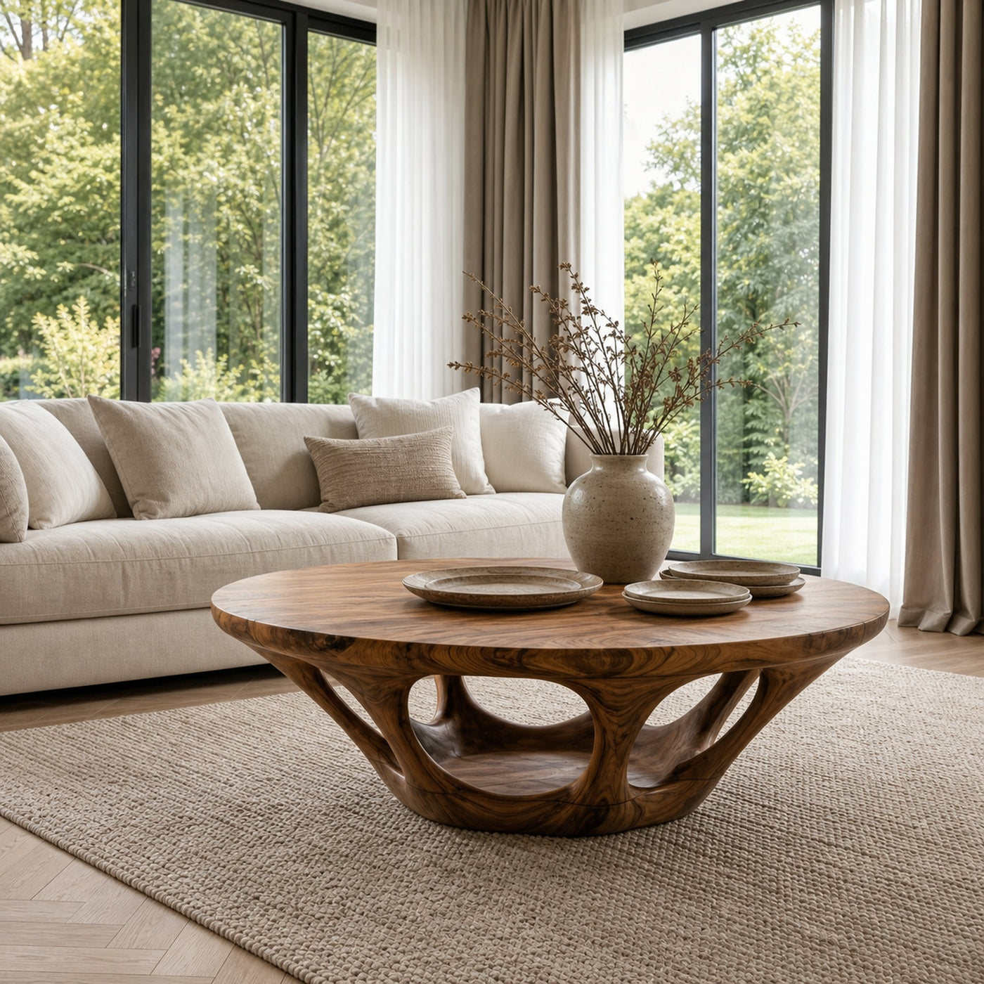 Rustic Coffee Table With Sculptural Interlocking Wood Base For Living Room - product view 7