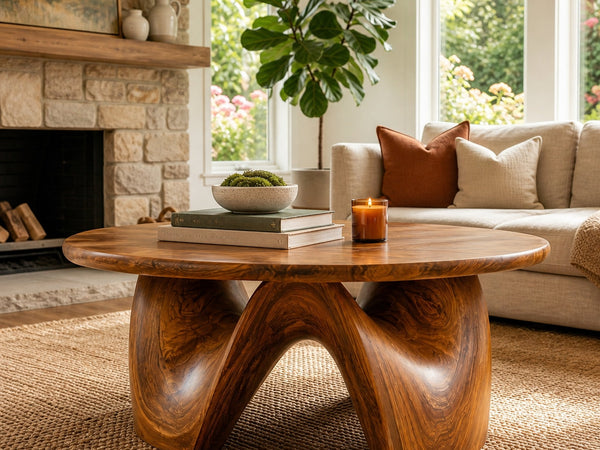 Rustic Coffee Table With Sculptural Solid Wood Base And Round Live Edge Top For Living Room