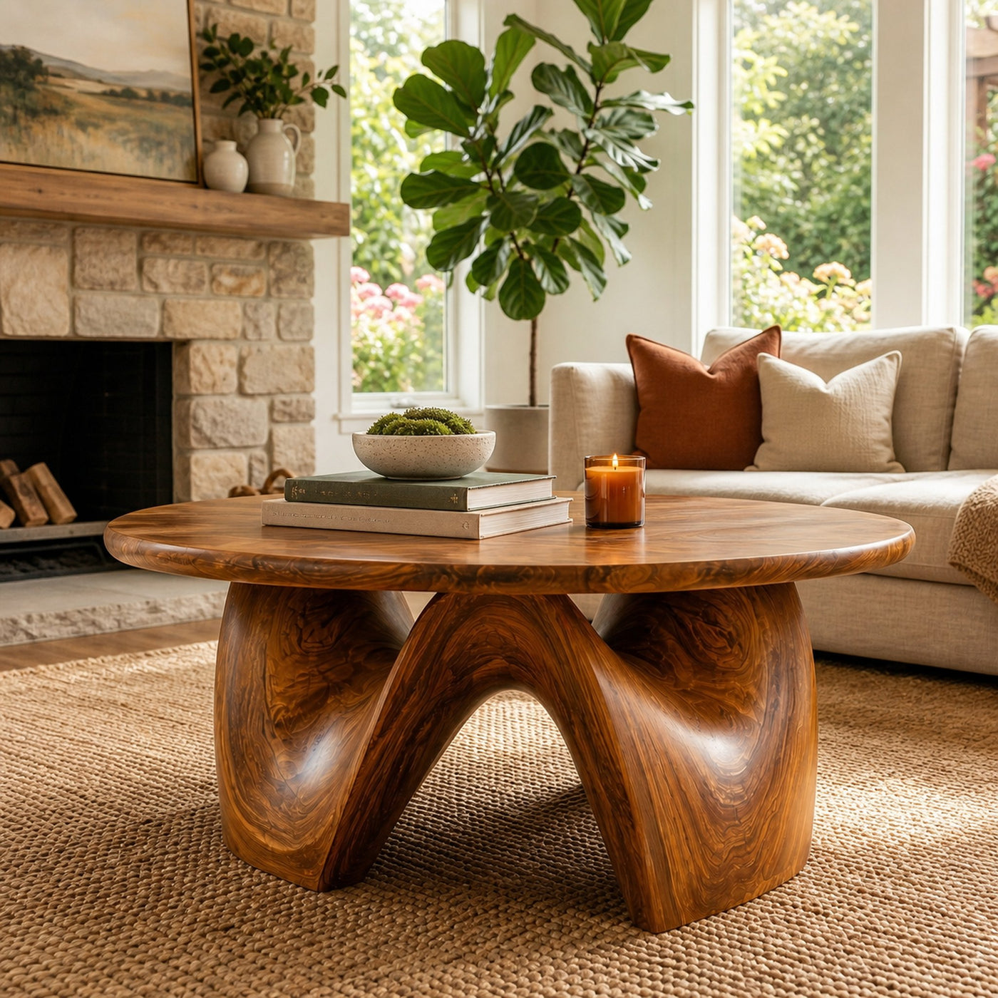 Rustic Coffee Table With Sculptural Solid Wood Base And Round Live Edge Top For Living Room