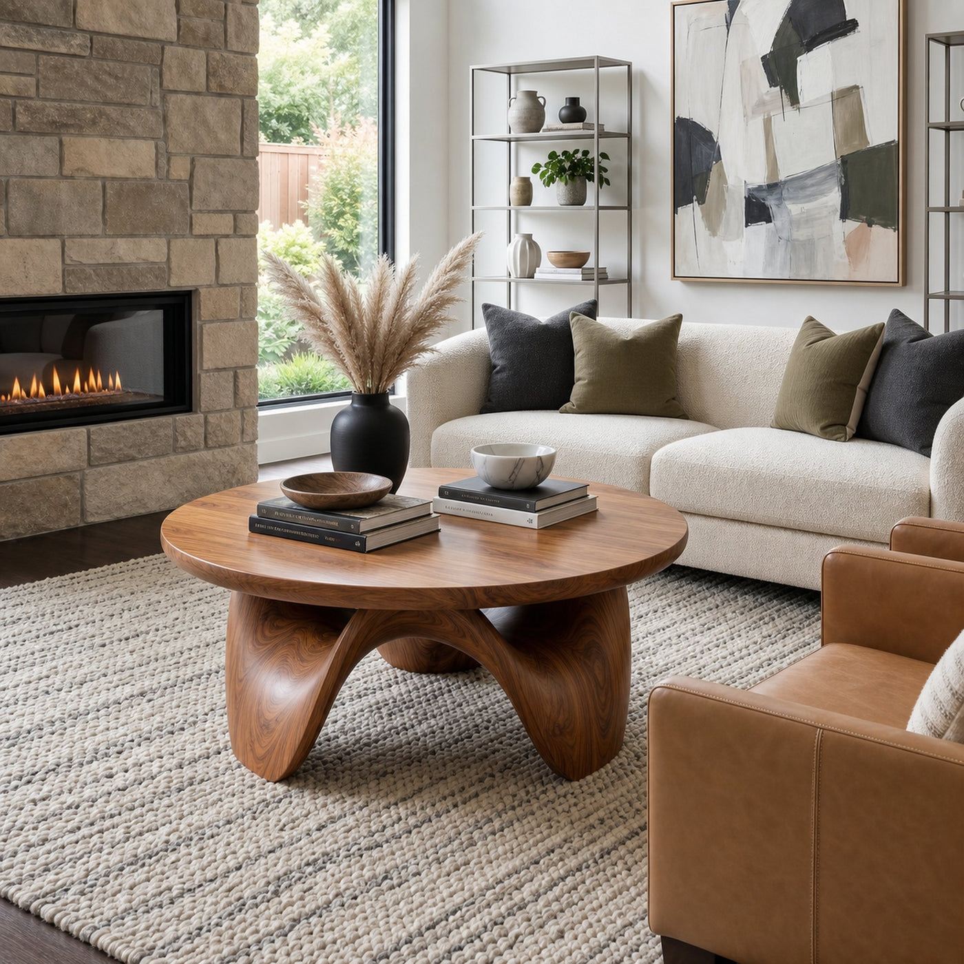 Rustic Coffee Table With Sculptural Solid Wood Base And Round Live Edge Top For Living Room - product view 6