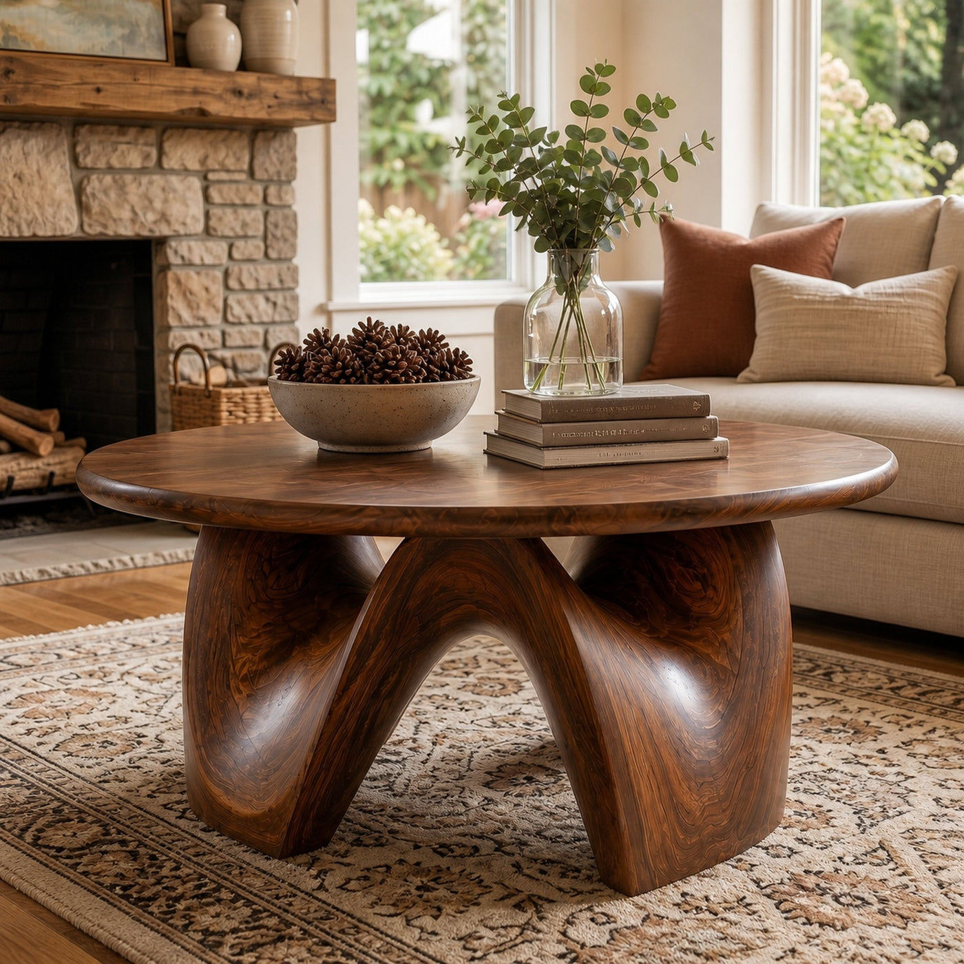Rustic Coffee Table With Sculptural Solid Wood Base And Round Live Edge Top For Living Room - product view 7