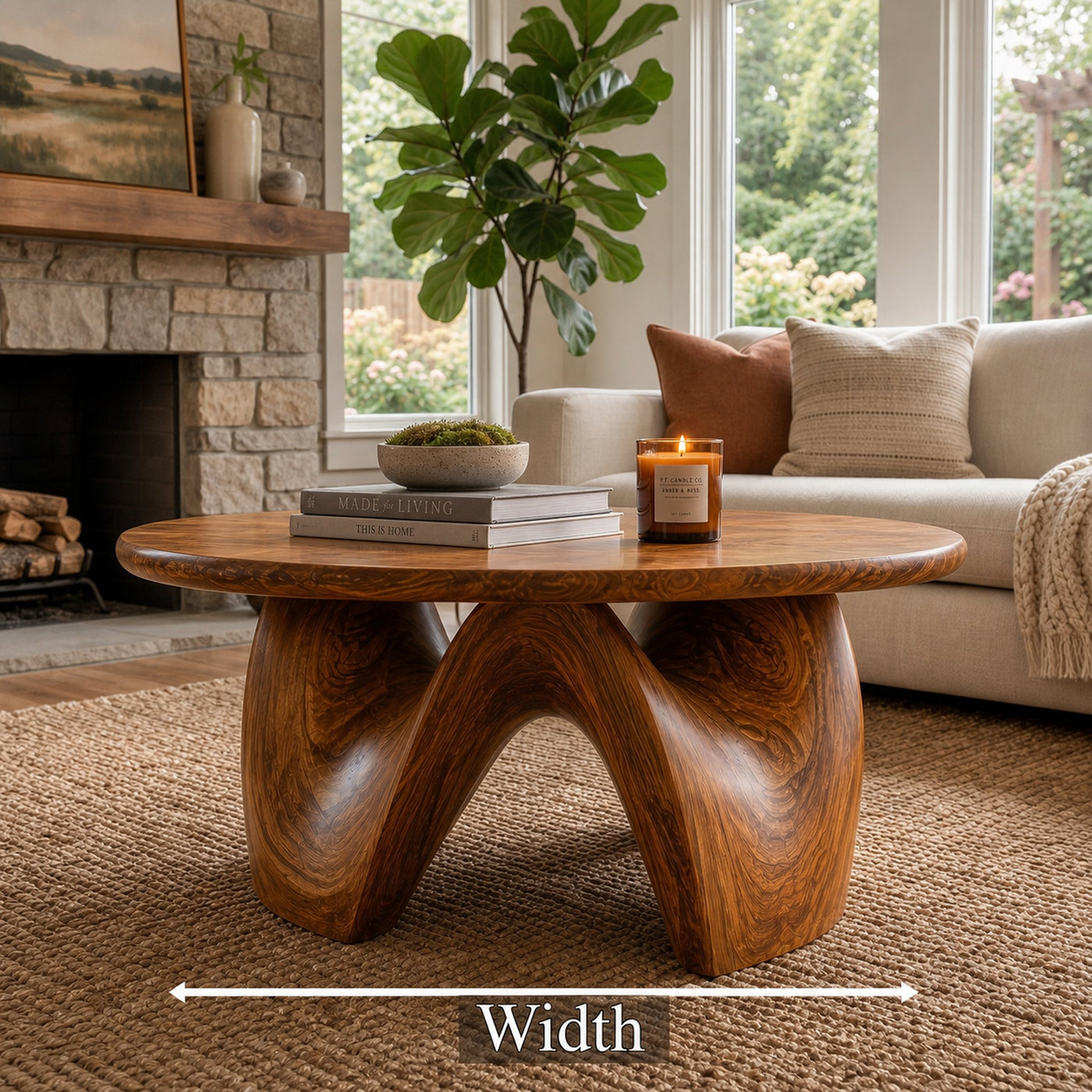 Rustic Coffee Table With Sculptural Solid Wood Base And Round Live Edge Top For Living Room - product view 8