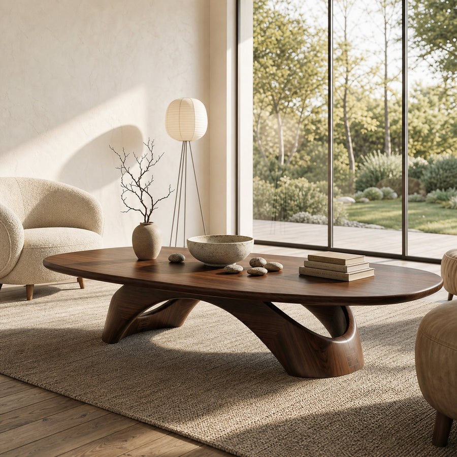 Rustic Coffee Table With Sculptural Wooden Base For Living Room