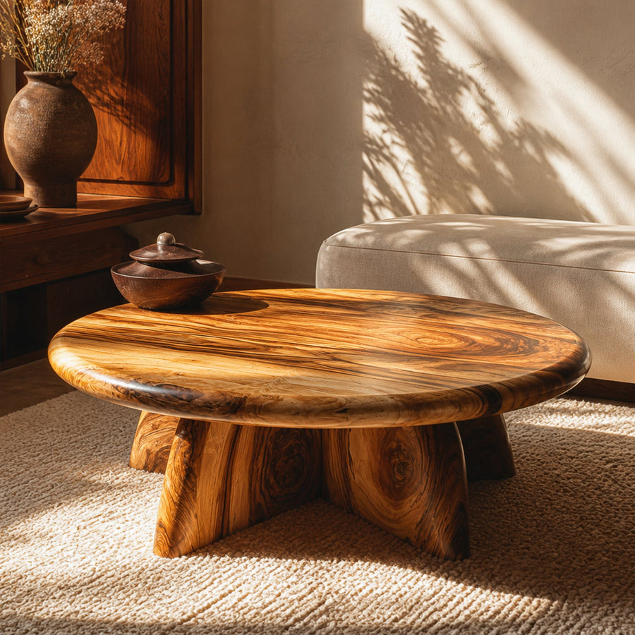 Rustic Coffee Table With Solid Wood Stump Base For Living Room