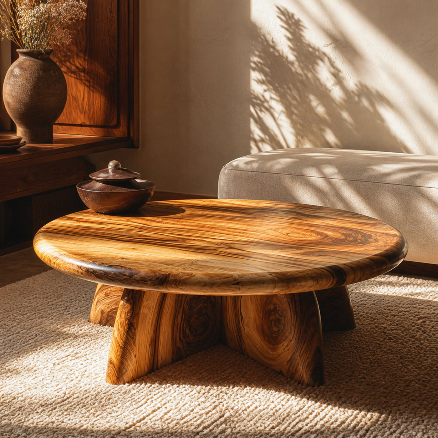 Rustic Coffee Table With Solid Wood Stump Base For Living Room