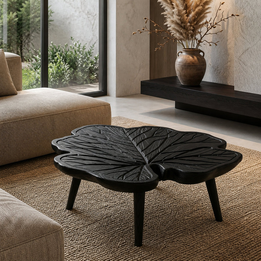 Rustic Leaf Coffee Table With Hand Carved Solid Wood Design For Living Room