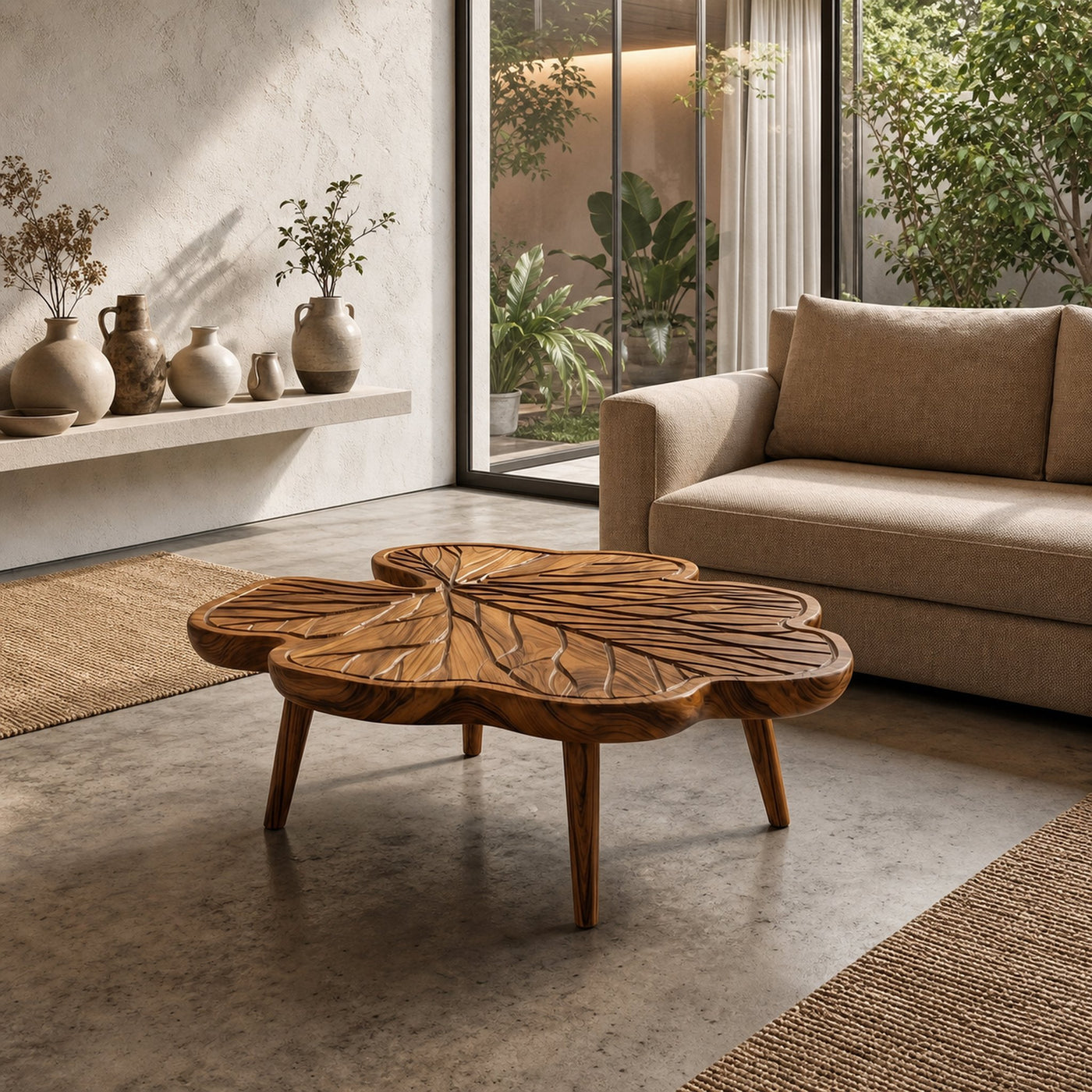 Rustic Leaf Coffee Table With Hand Carved Solid Wood Design For Living Room - product view 6
