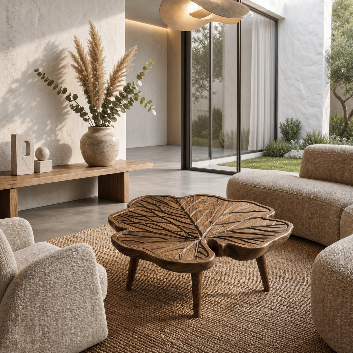 Rustic Leaf Coffee Table With Hand Carved Solid Wood Design For Living Room - product view 7