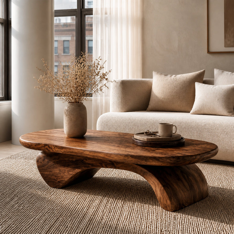 Rustic Live Edge Coffee Table With Artistic Curved Wood Pedestal For Living Room