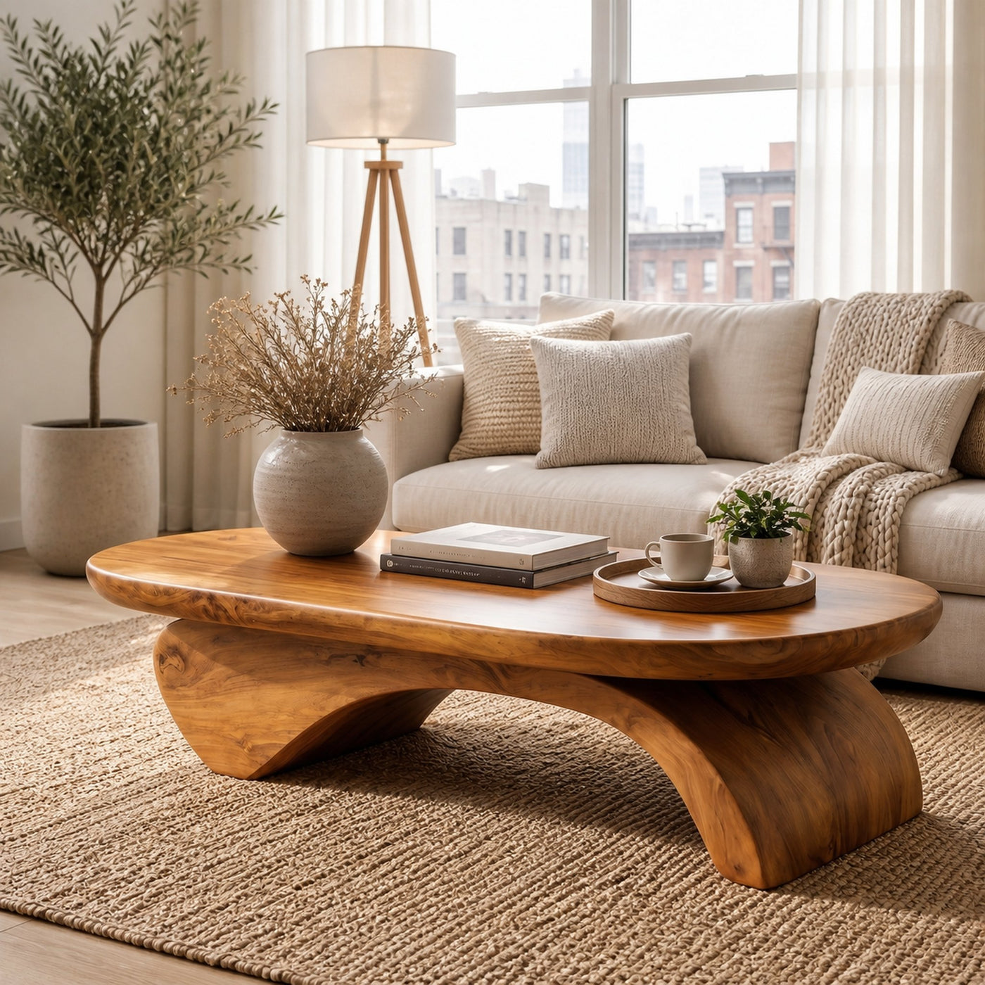 Rustic Live Edge Coffee Table With Artistic Curved Wood Pedestal For Living Room - product view 6