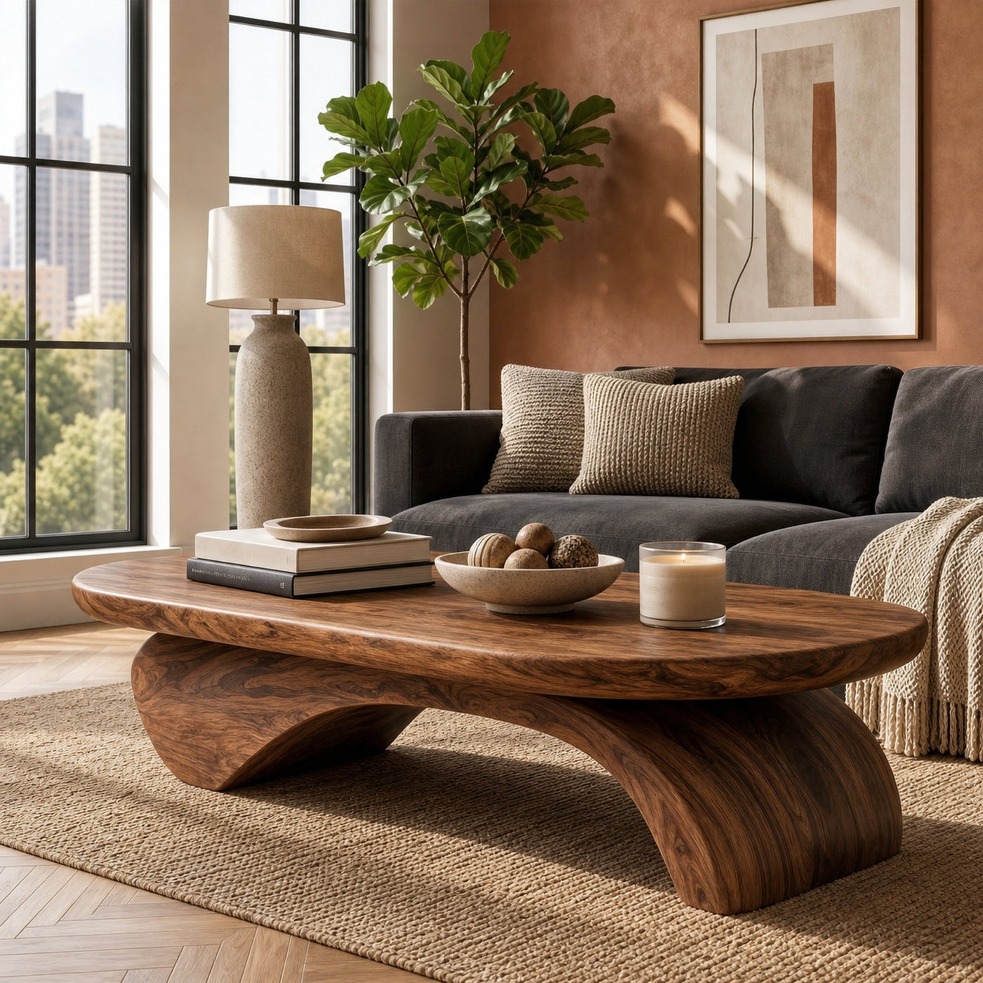 Rustic Live Edge Coffee Table With Artistic Curved Wood Pedestal For Living Room - product view 7
