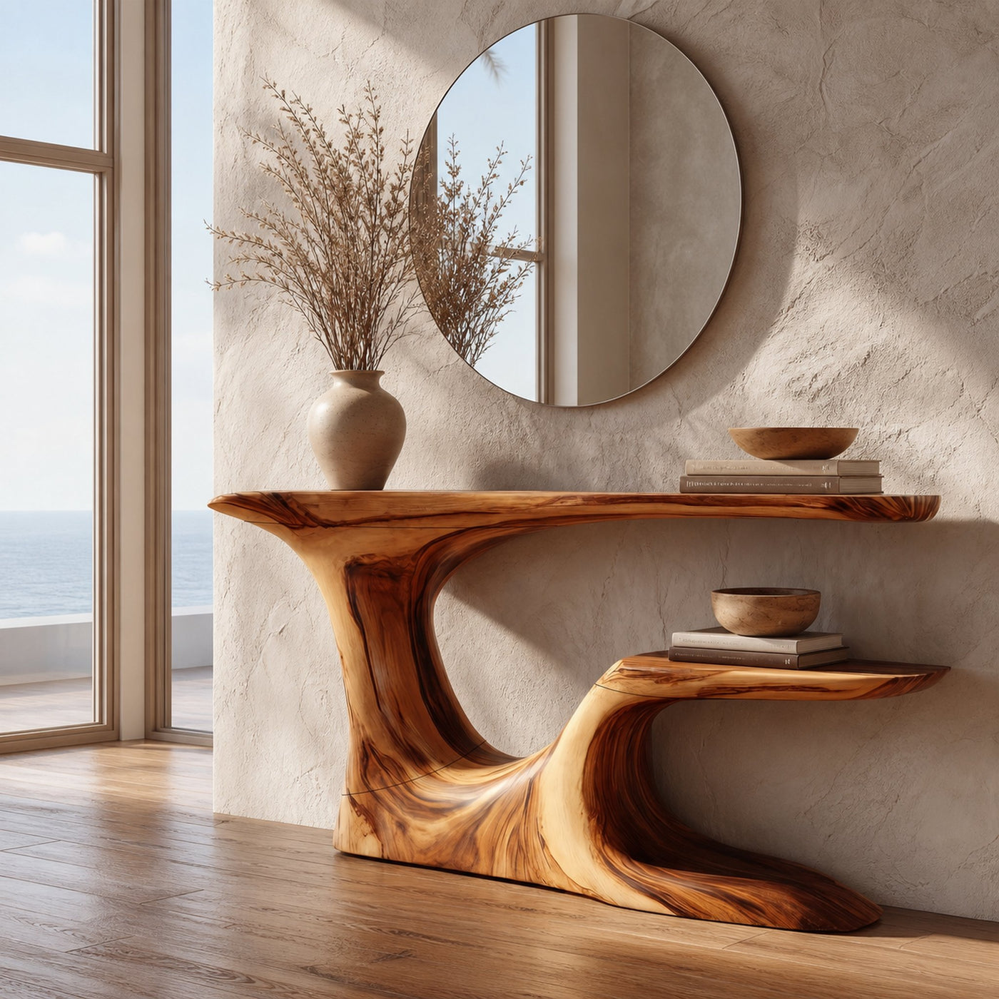 Rustic Organic Console Table With Live Edge Top And Sculptural Solid Wood Base For Entryway