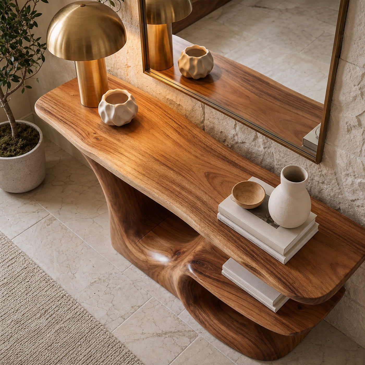 Rustic Organic Console Table With Live Edge Top And Sculptural Solid Wood Base For Entryway - product view 2
