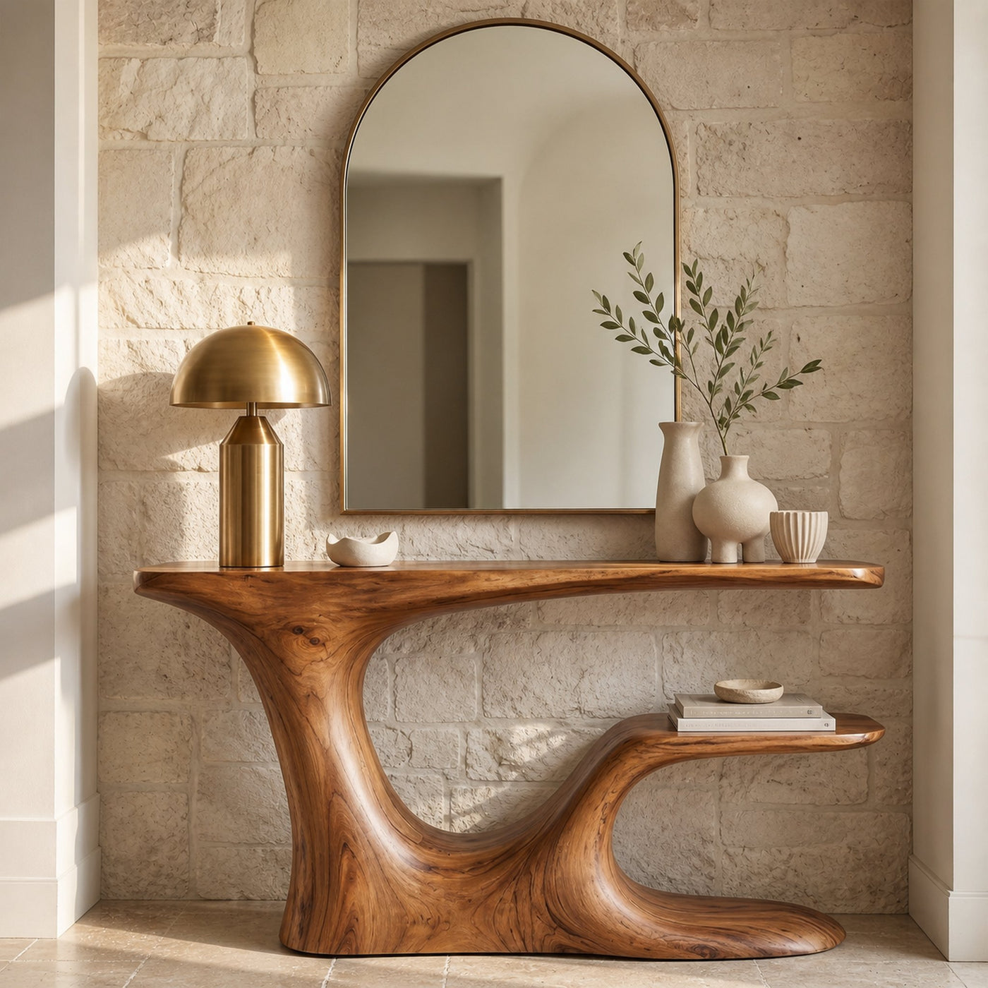 Rustic Organic Console Table With Live Edge Top And Sculptural Solid Wood Base For Entryway - product view 3