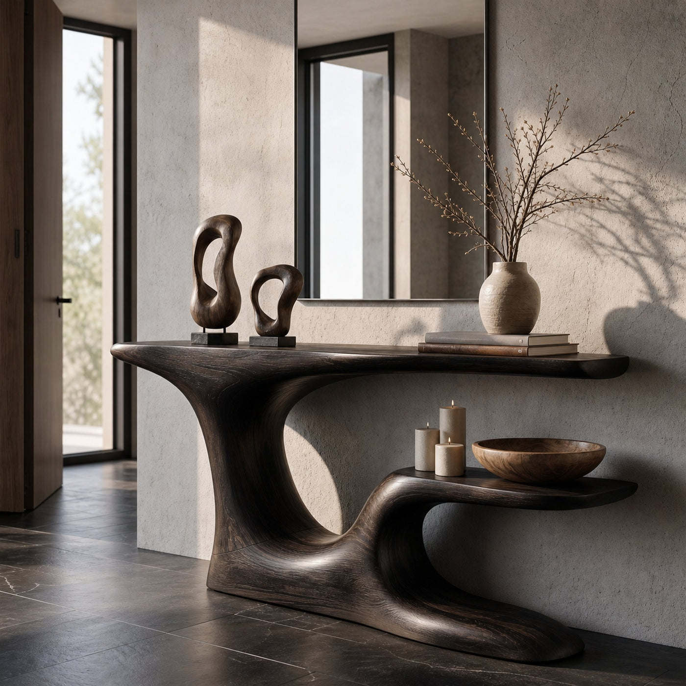 Rustic Organic Console Table With Live Edge Top And Sculptural Solid Wood Base For Entryway - product view 4