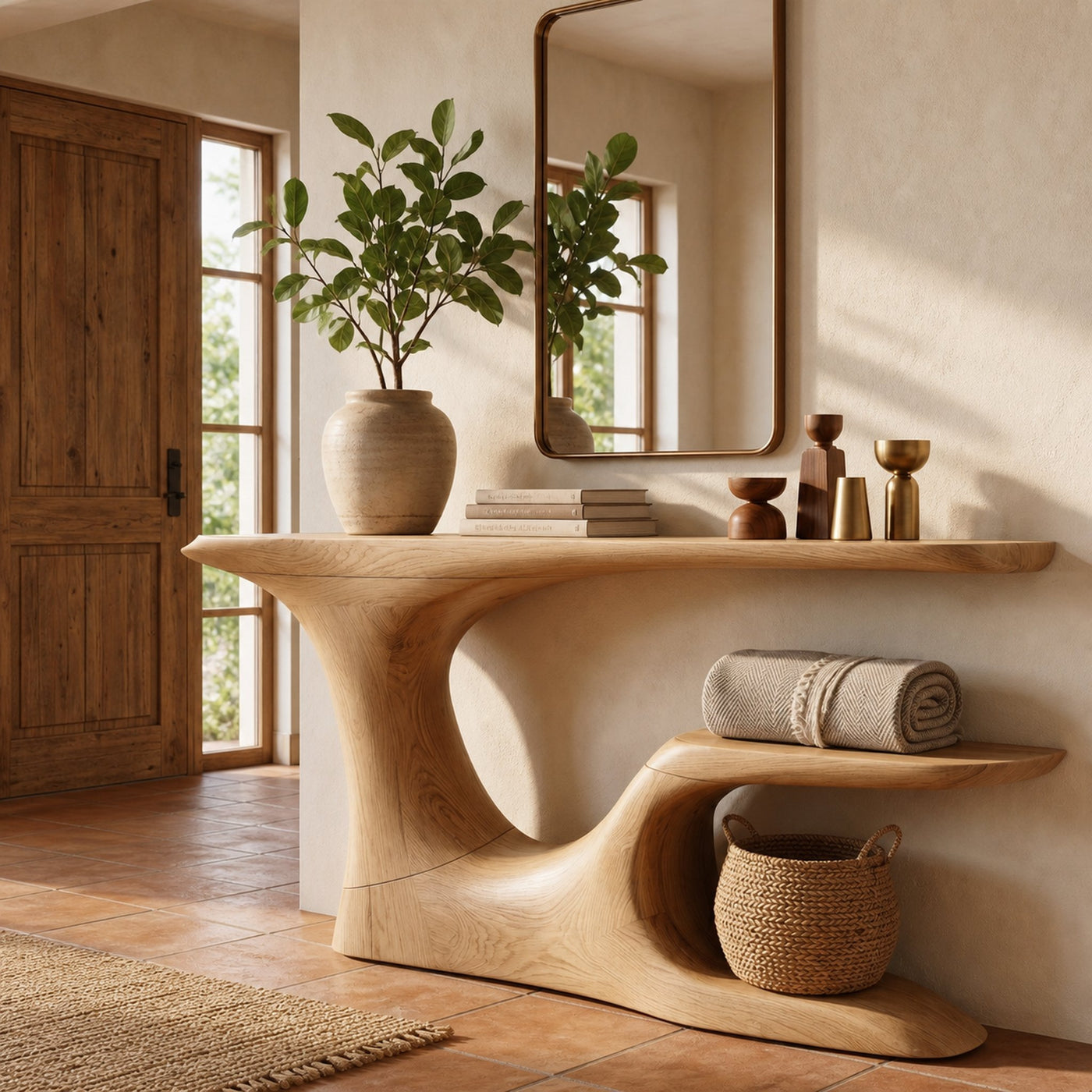 Rustic Organic Console Table With Live Edge Top And Sculptural Solid Wood Base For Entryway - product view 5