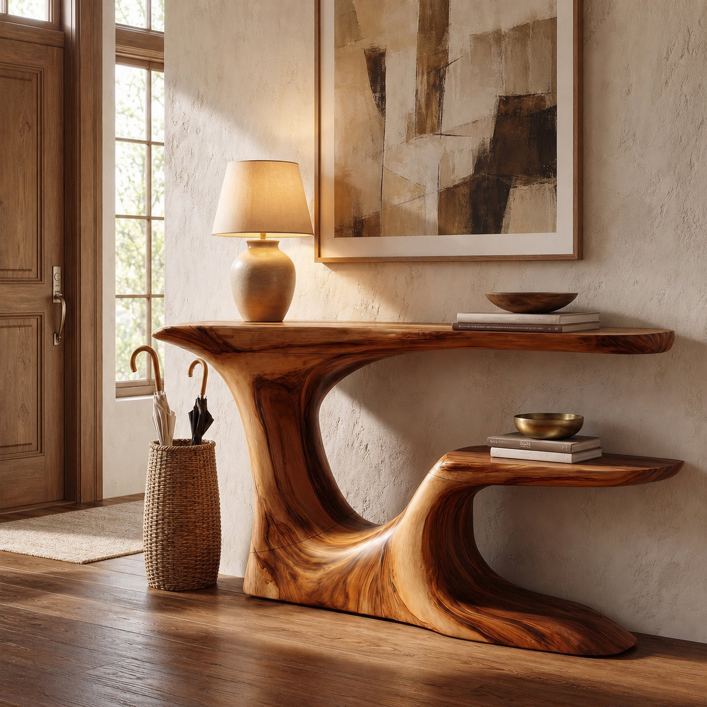 Rustic Organic Console Table With Live Edge Top And Sculptural Solid Wood Base For Entryway - product view 6