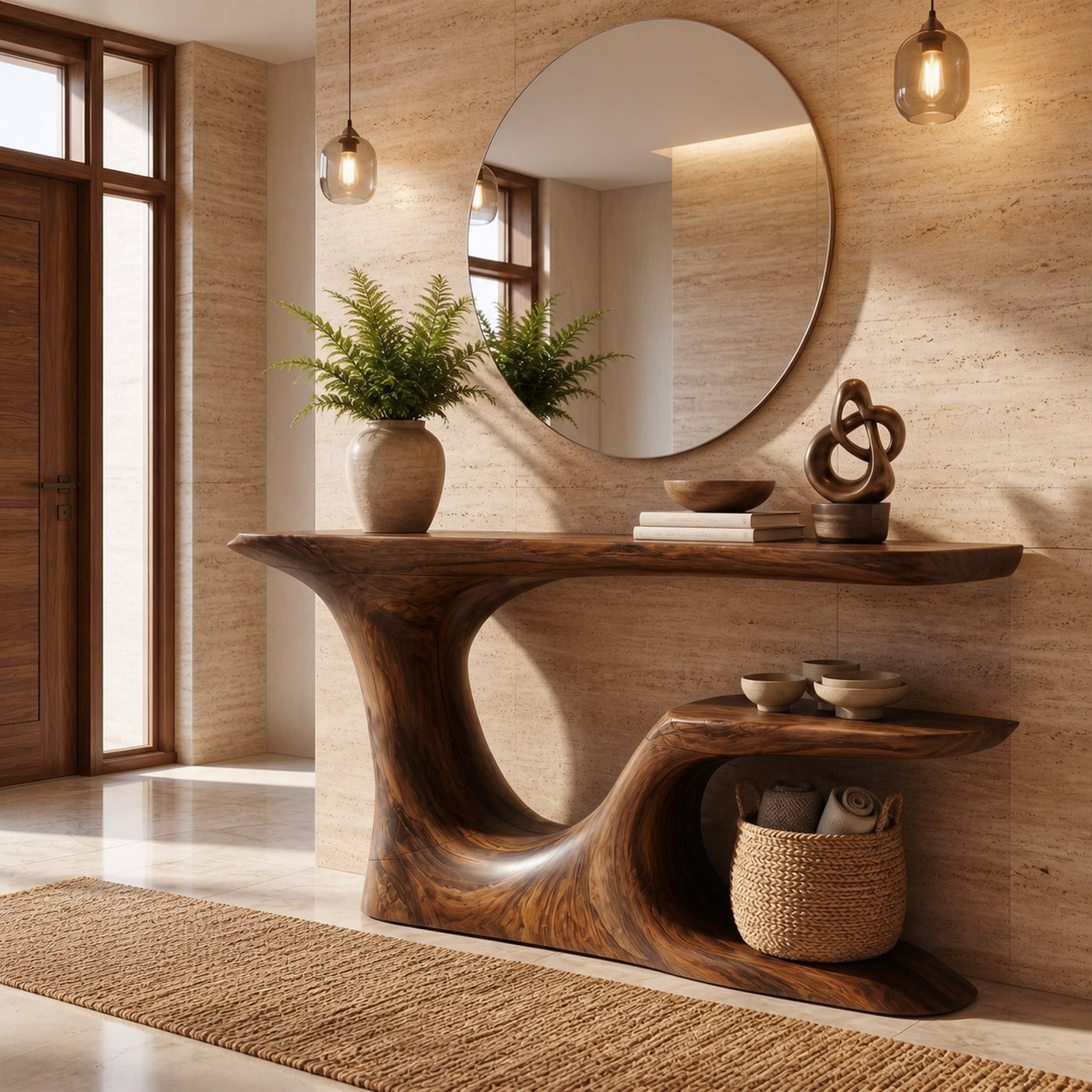 Rustic Organic Console Table With Live Edge Top And Sculptural Solid Wood Base For Entryway - product view 7