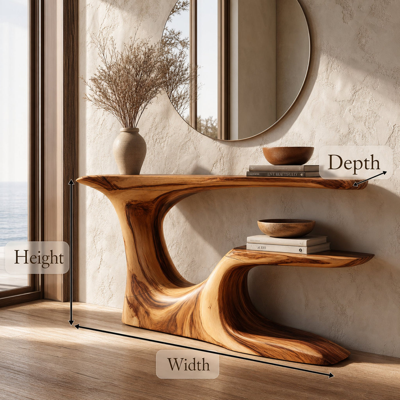 Rustic Organic Console Table With Live Edge Top And Sculptural Solid Wood Base For Entryway - product view 8