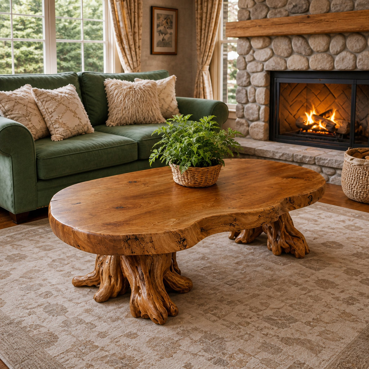 Rustic Root Style Solid Wood Coffee Table Cozy Living Room Interior