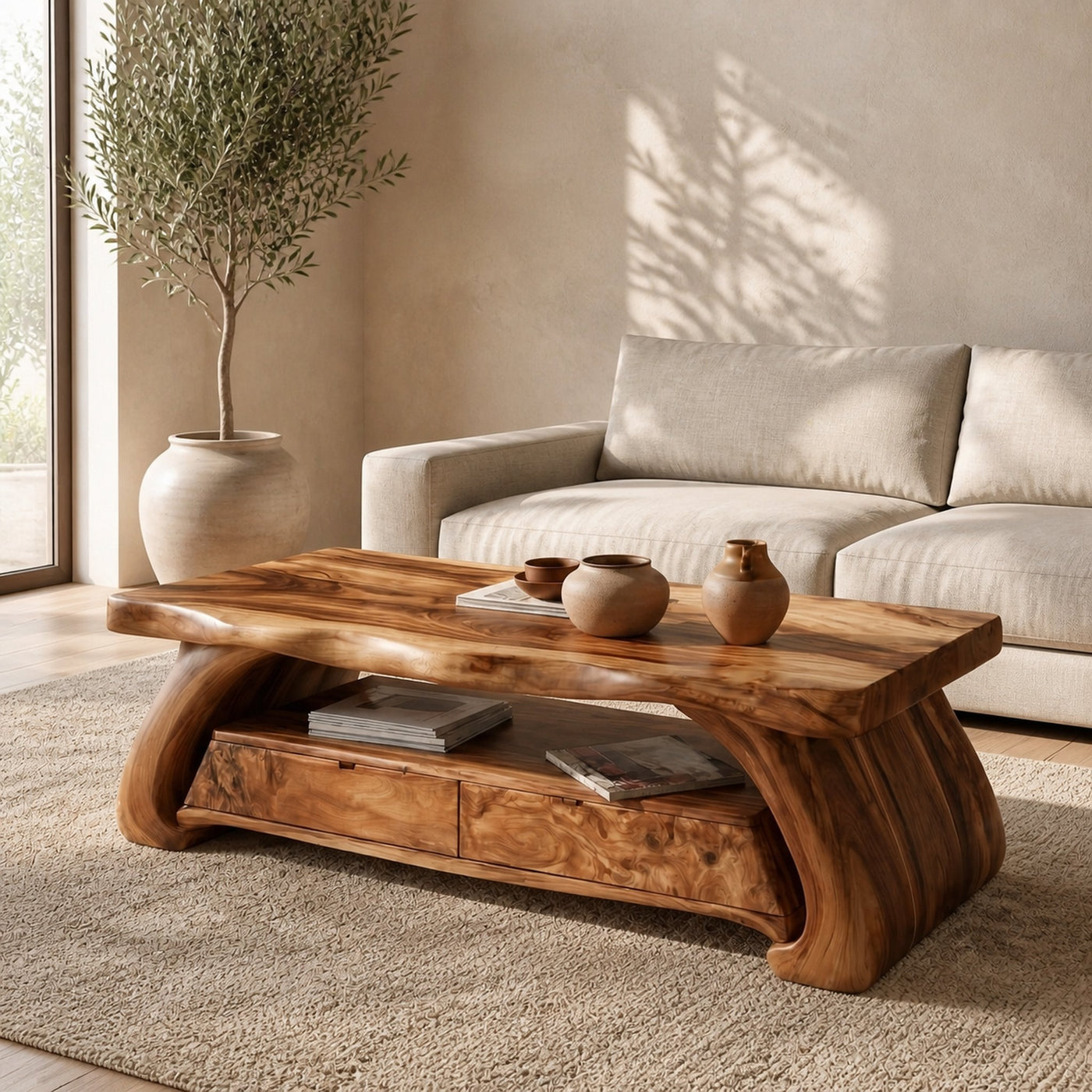 Rustic Solid Wood Coffee Table Natural Sculptural Base Living Room