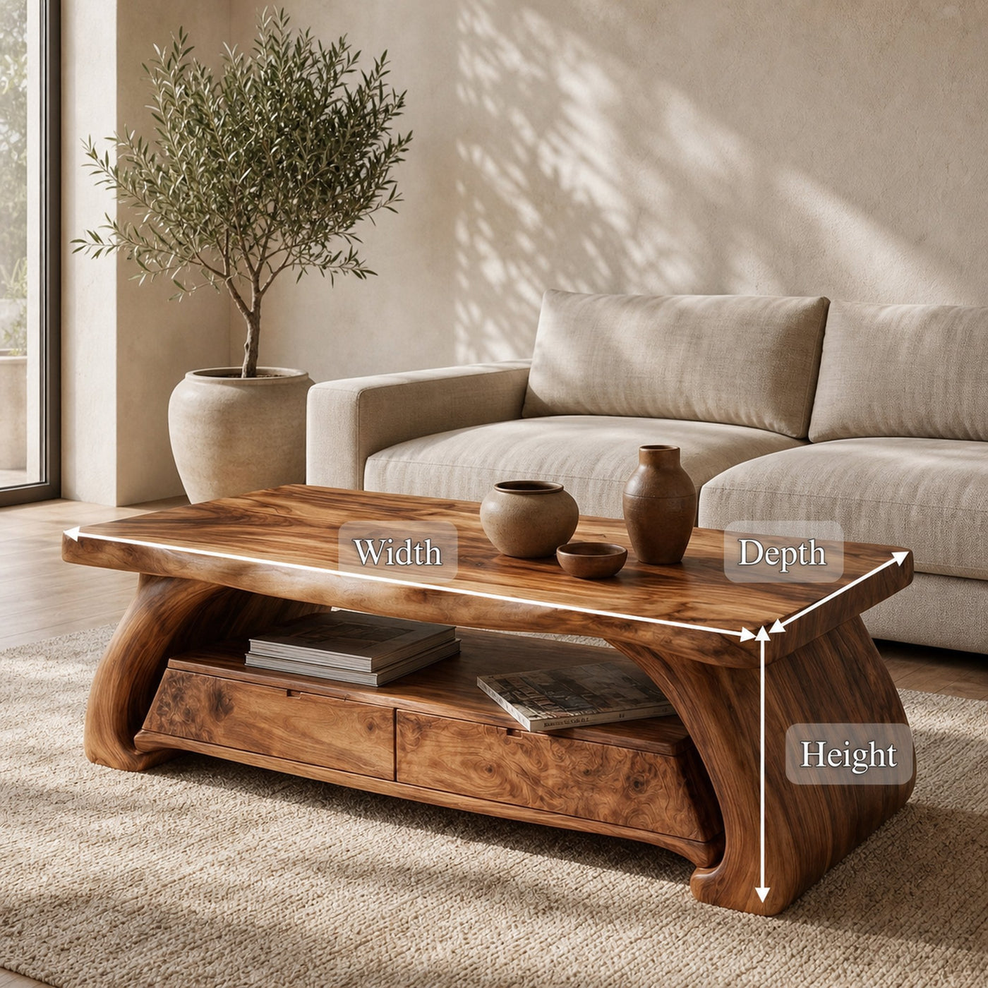 Rustic Solid Wood Coffee Table Natural Sculptural Base Living Room - product view 6