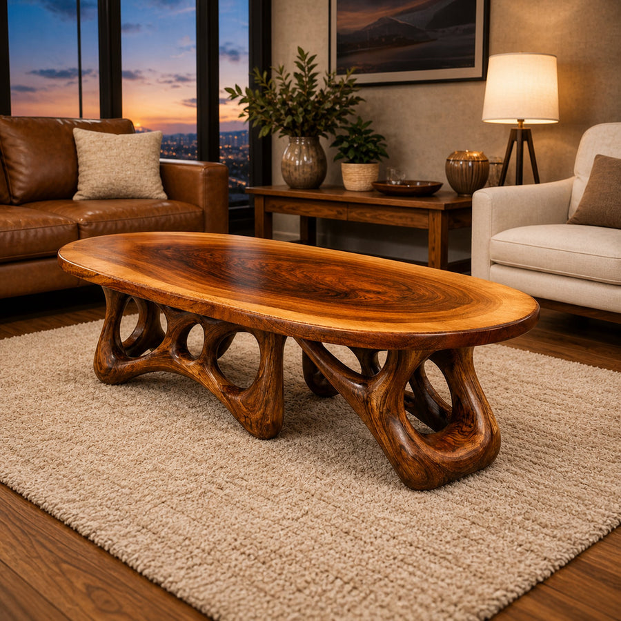 Sculpted Live Edge Solid Wood Coffee Table Organic Arch Silhouette Warm Contemporary Living Room Interior