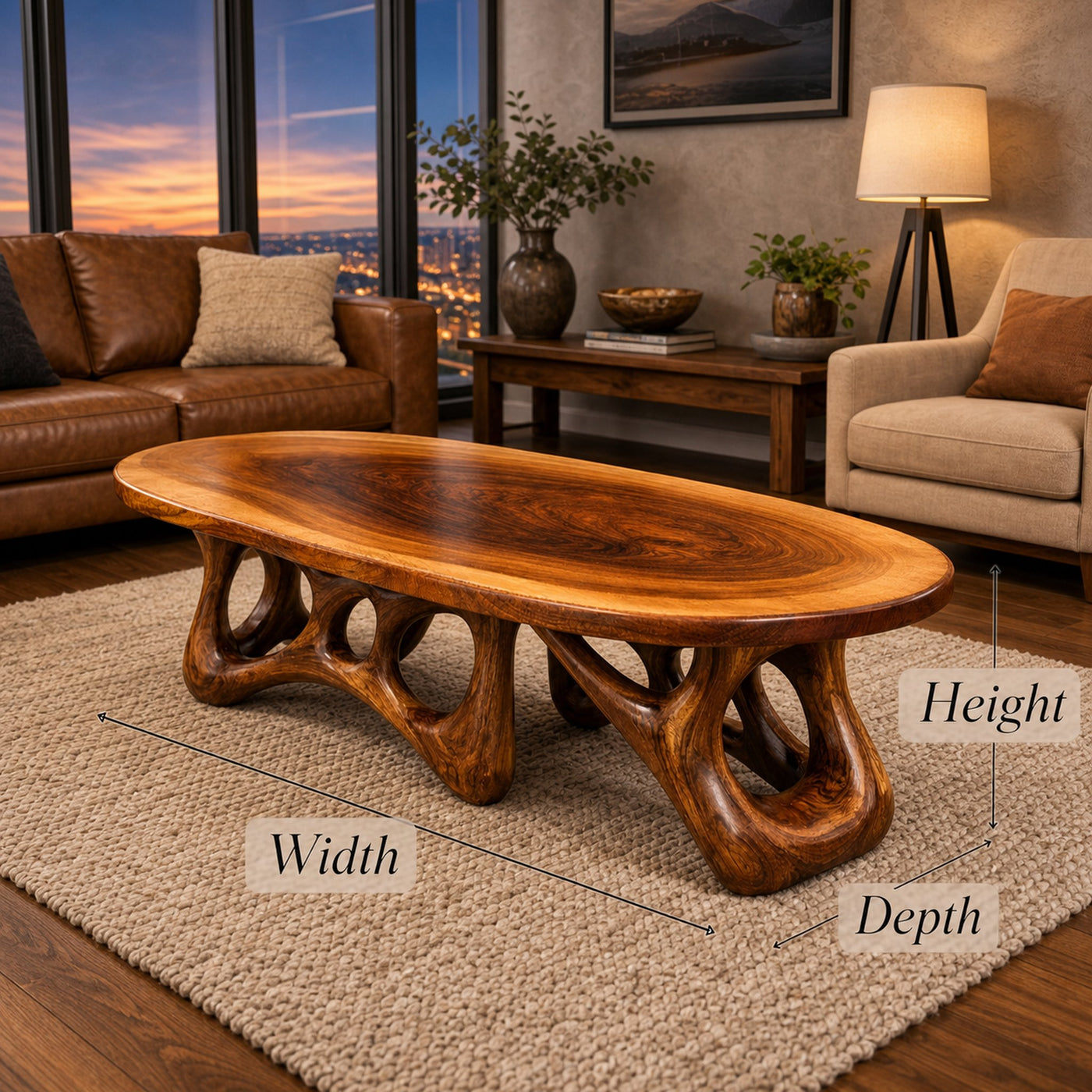 Sculpted Live Edge Solid Wood Coffee Table Organic Arch Silhouette Warm Contemporary Living Room Interior - product view 6