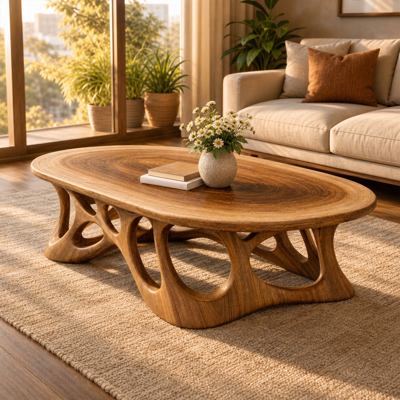 Sculpted Oval Solid Wood Coffee Table Organic Flow Modern Living Room Interior