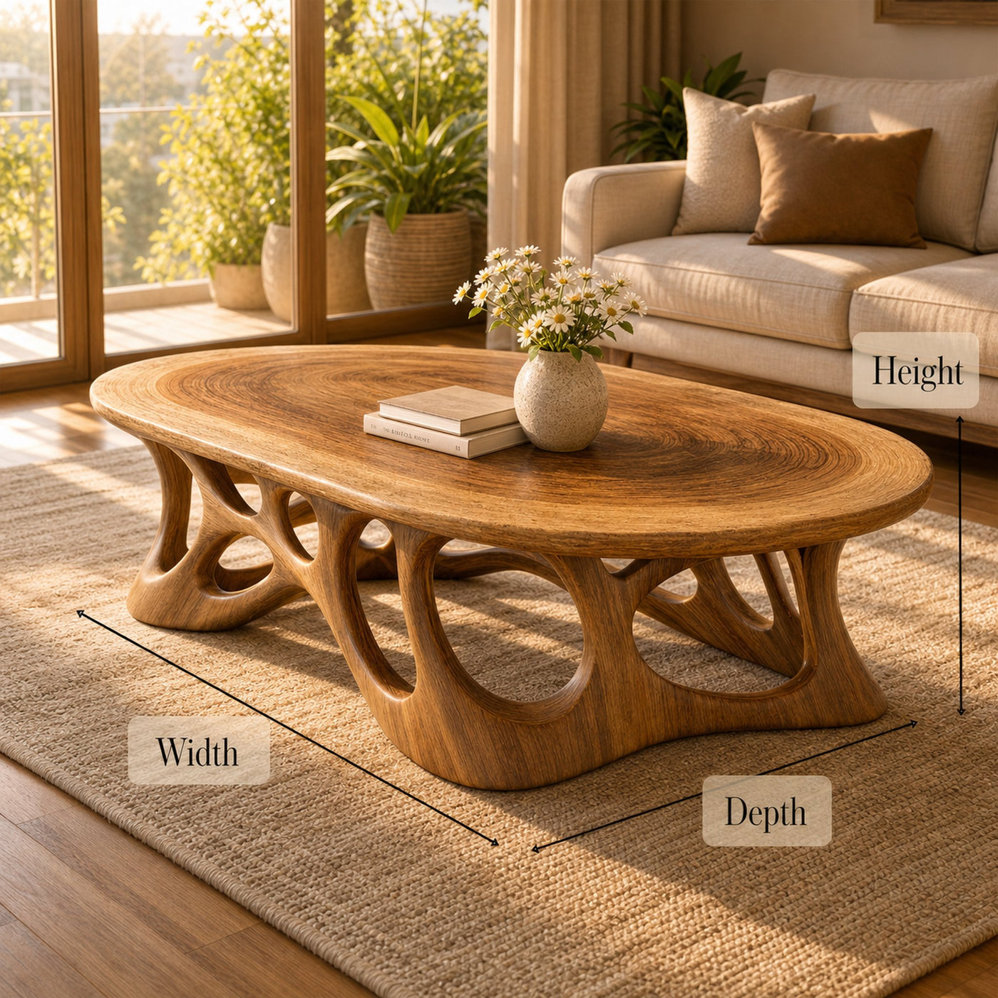 Sculpted Oval Solid Wood Coffee Table Organic Flow Modern Living Room Interior - product view 6