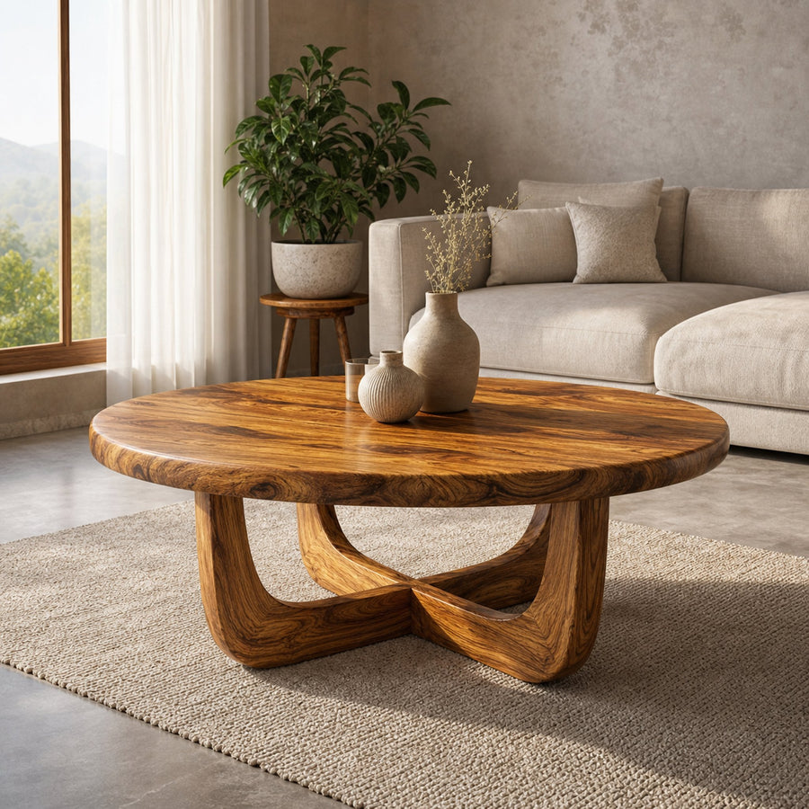 Sculpted Ring Base Solid Wood Coffee Table Warm Contemporary Living Room Interior