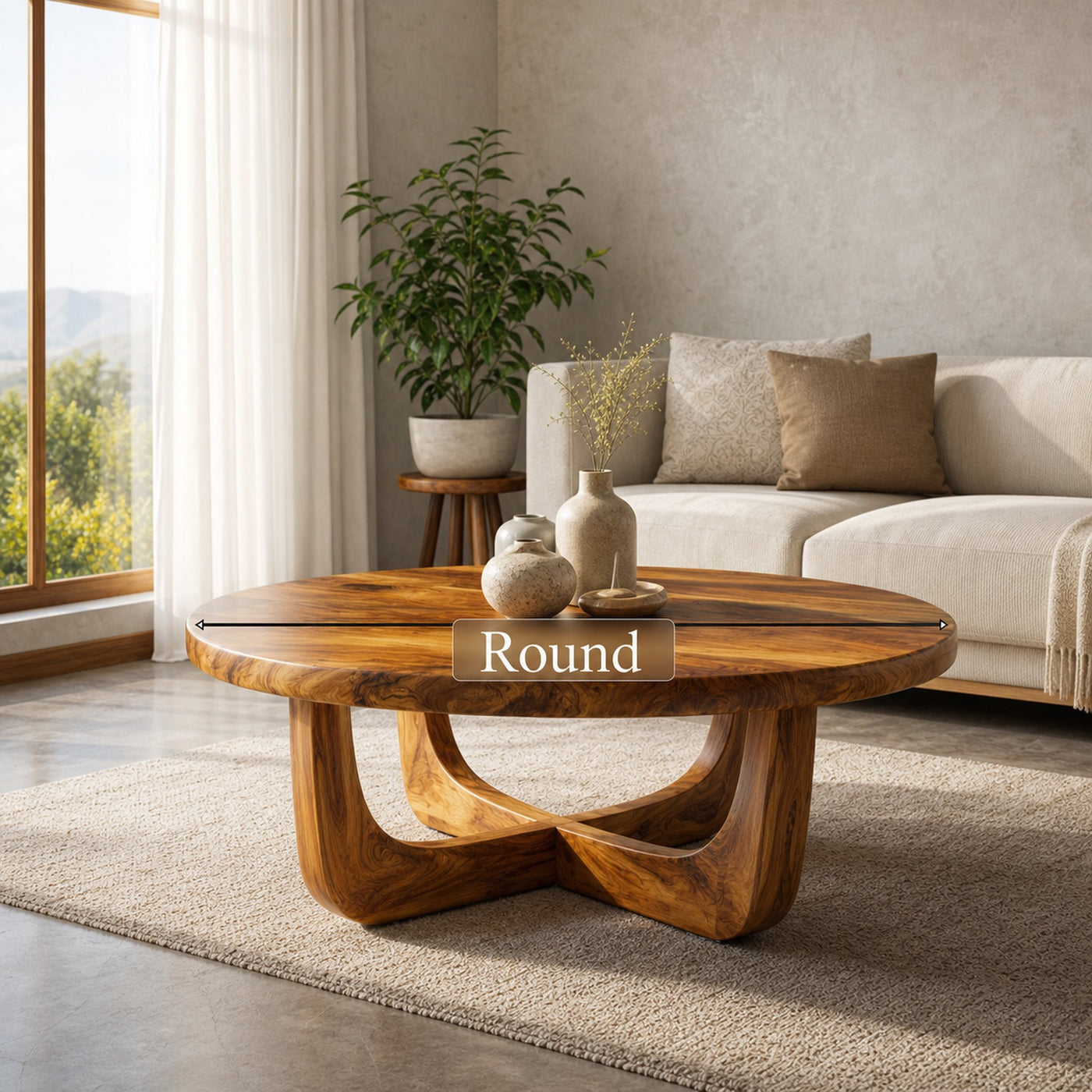 Sculpted Ring Base Solid Wood Coffee Table Warm Contemporary Living Room Interior - product view 6