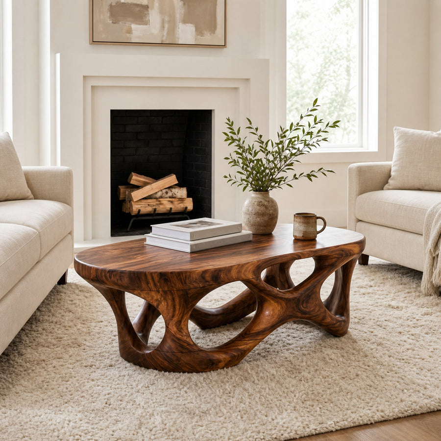 Sculptural Coffee Table With Interlocking Wood Base For Living Room