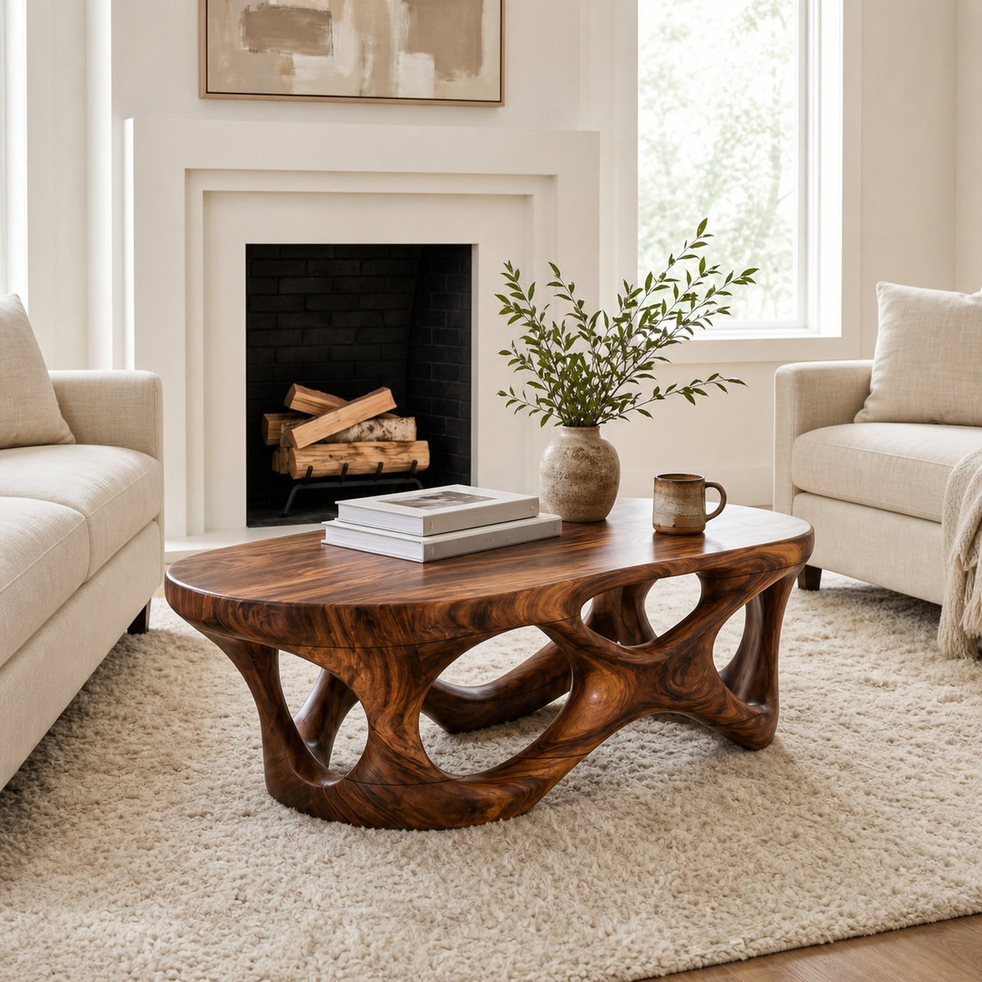 Sculptural Coffee Table With Interlocking Wood Base For Living Room