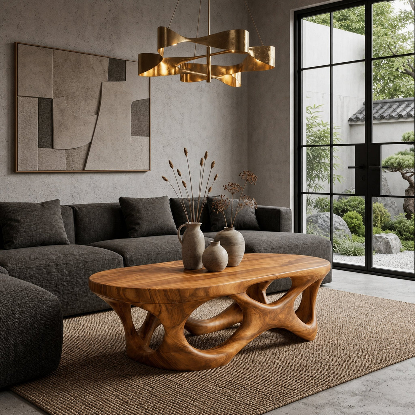 Sculptural Coffee Table With Interlocking Wood Base For Living Room - product view 6