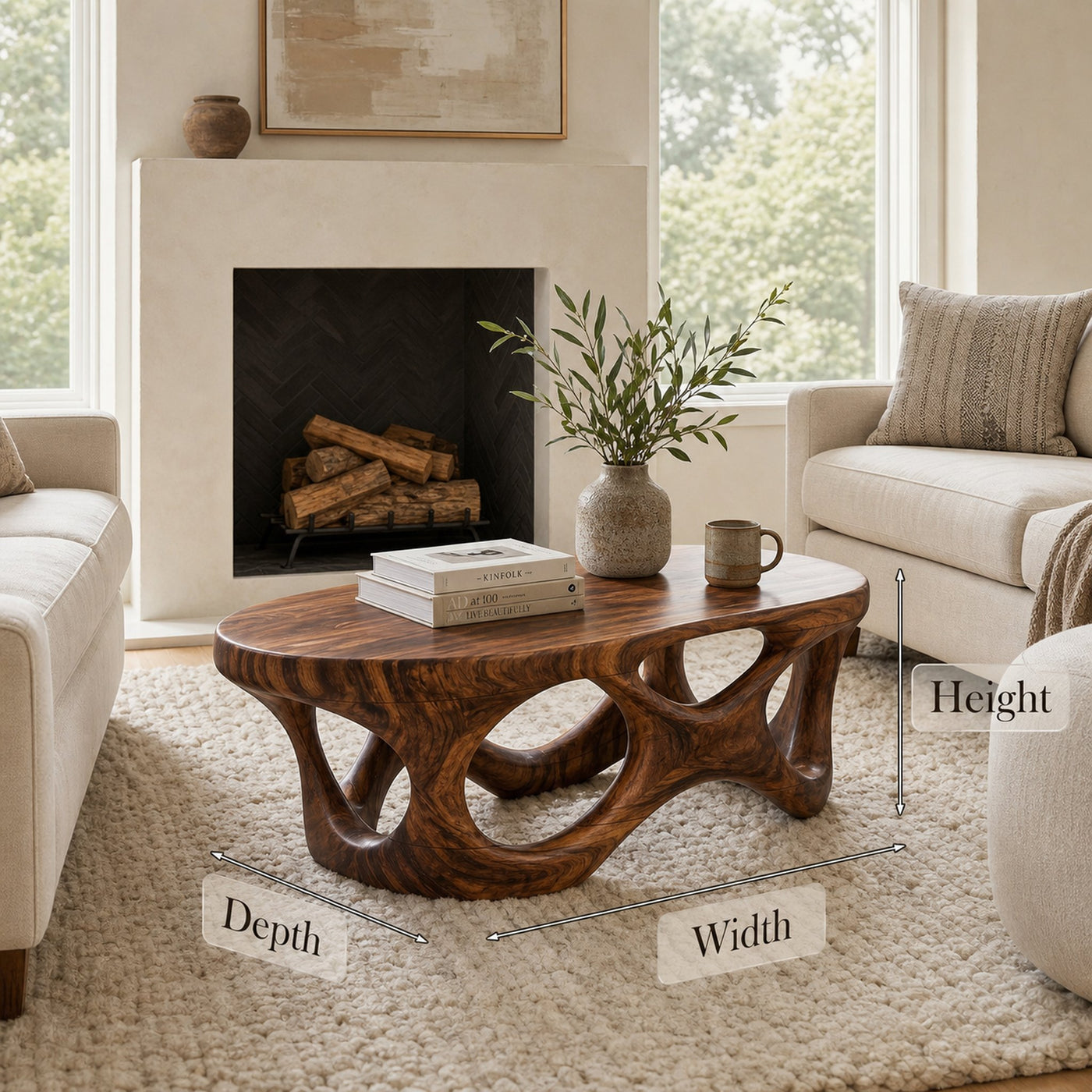 Sculptural Coffee Table With Interlocking Wood Base For Living Room - product view 8