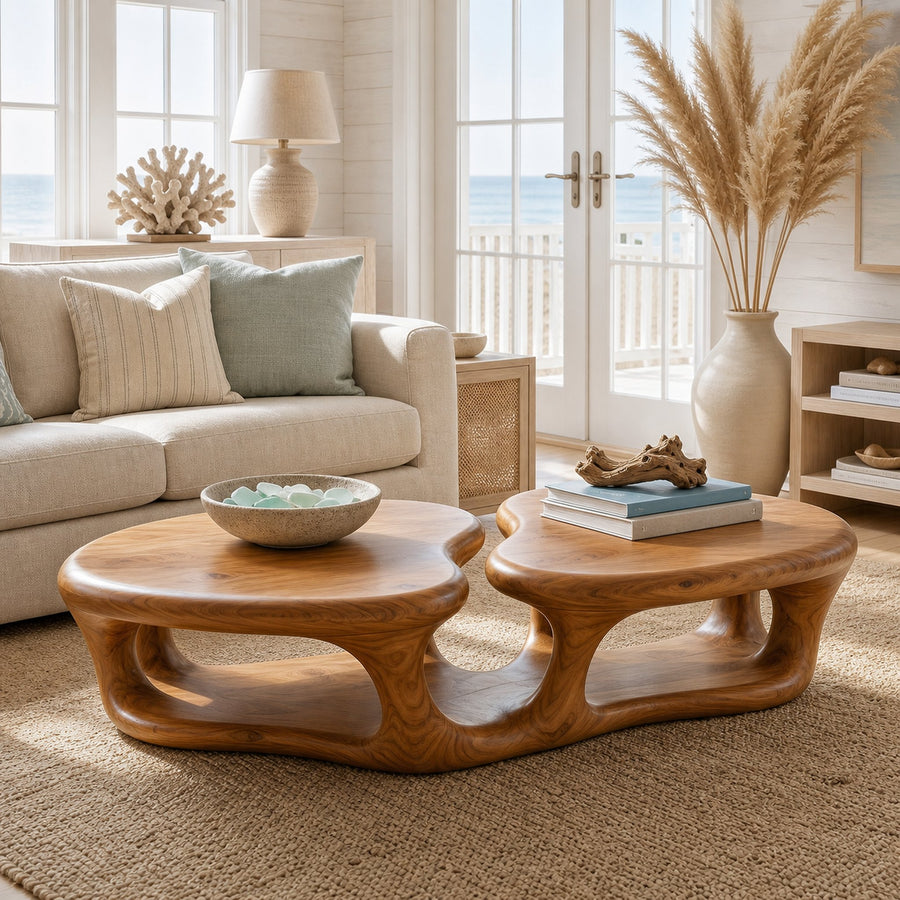 Sculptural Coffee Table With Open Wood Structure For Living Room Decor