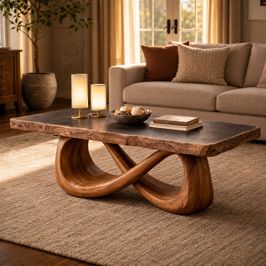 Sculptural Loop Solid Wood Coffee Table Warm Modern Living Room Interior