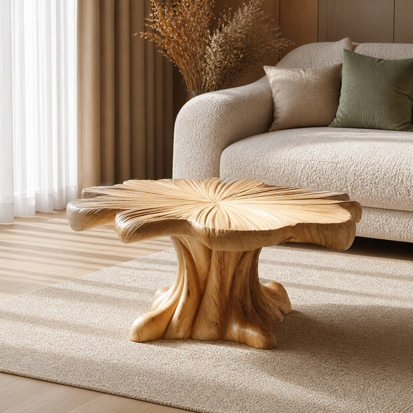 Sculptural Organic Solid Wood Coffee Table Artistic Centerpiece Contemporary Living Room Interior