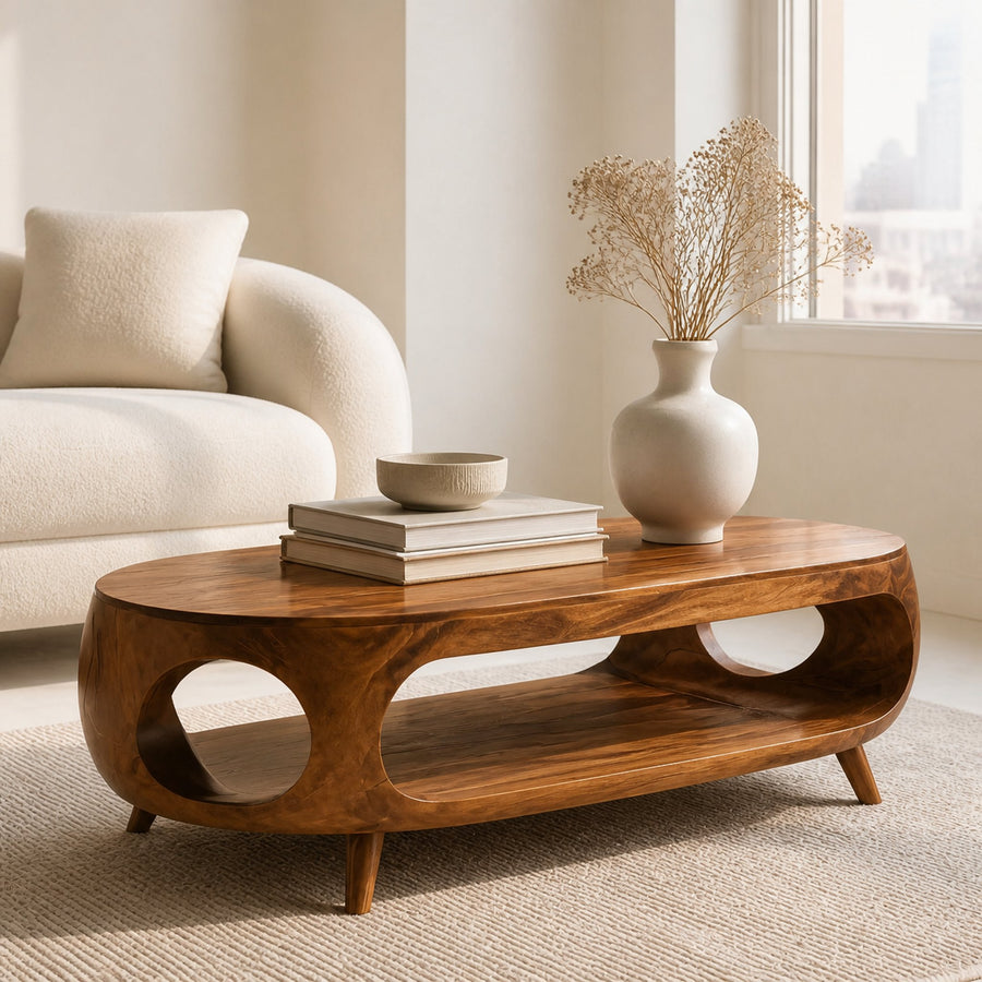 Sculptural Oval Coffee Table With Shelf For Living Room